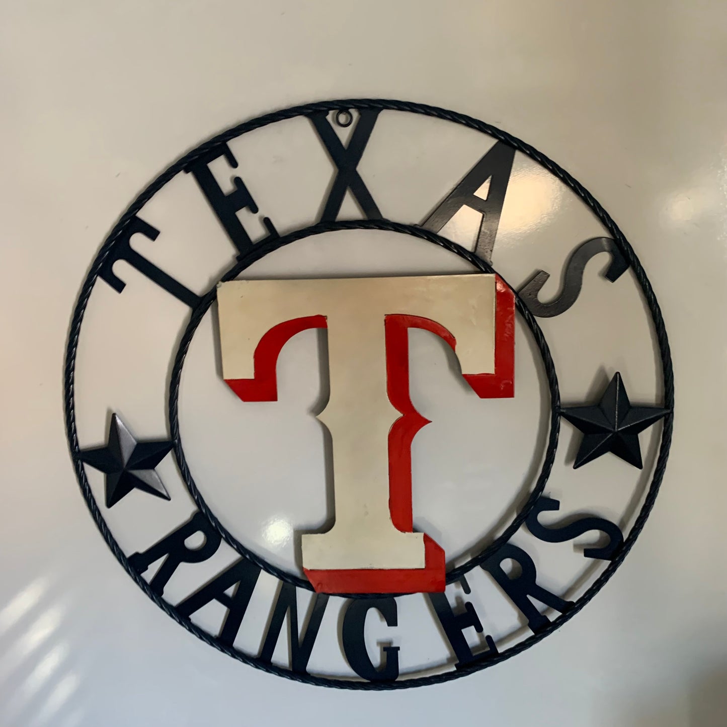 12", 18", 24", 32" TEXAS RANGERS BARN CUSTOM METAL VINTAGE CRAFT SIGN TEAM  WHITE & RED & NAVY BLUE RING & STAR HANDMADE