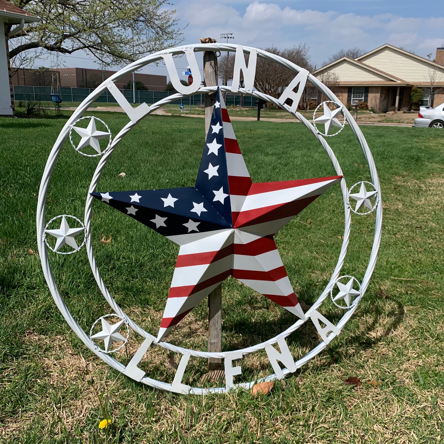 LUNA STYLE CUSTOM NAME BARN STAR METAL STAR 3d TWISTED ROPE RING WESTERN HOME DECOR USA FLAG STAR RED WHOTE & BLUE WITH WHITE RING HANDMADE 24",32",36",50"