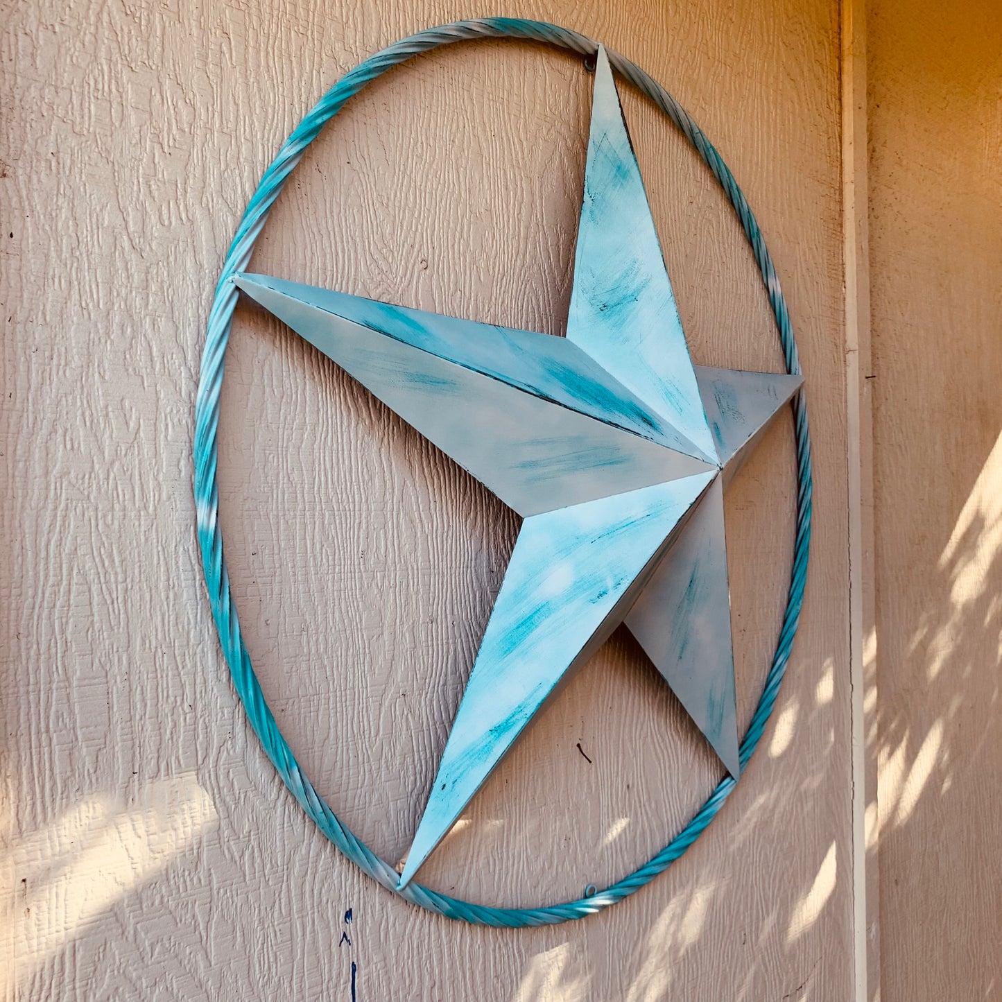 #EH11219 TURQUOISE WHITE DISTRESSED STAR TWO TONE TEXTURE BARN STAR METAL LONESTAR TWISTED ROPE RING WESTERN HOME DECOR HANDMADE NEW