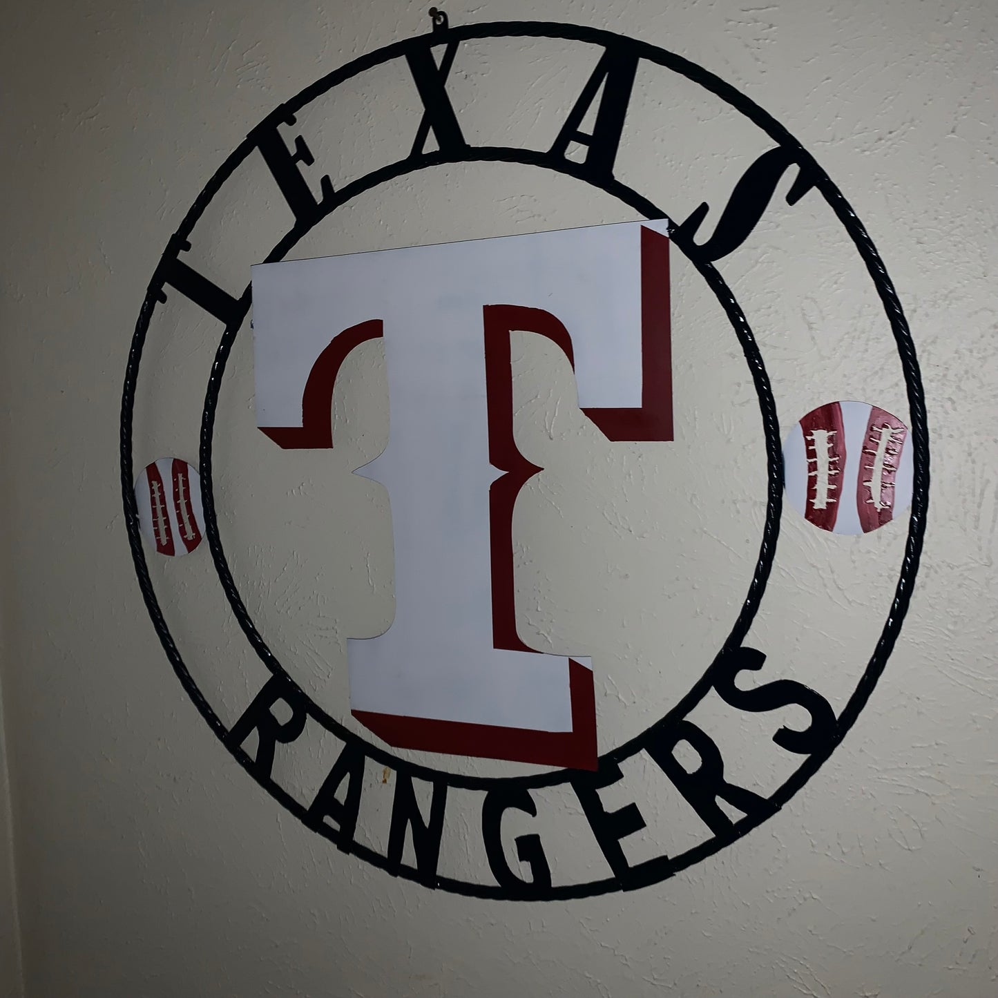 TEXAS RANGERS CUSTOM METAL VINTAGE CRAFT TEAM SIGN WHITE & RED & NAVY BLUE RING HANDMADE