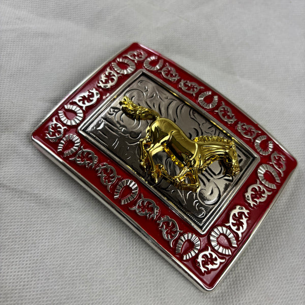 HORSE BELT BUCKLE GOLD SILVER & RED OUTLINE WESTERN METAL BUCKLE FASHION ART 4.5" X 3.5"  #EH12265