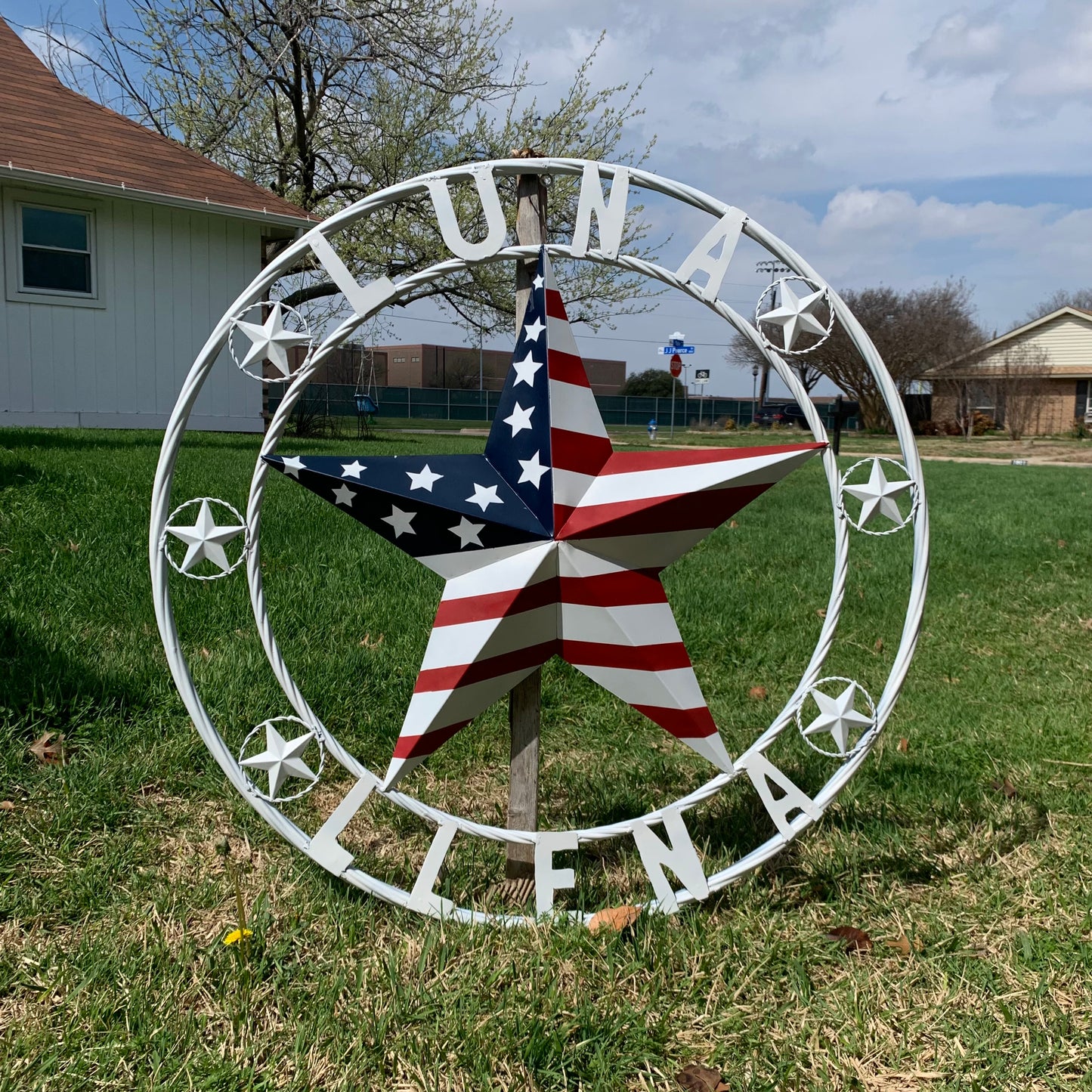 LUNA STYLE CUSTOM NAME BARN STAR METAL STAR 3d TWISTED ROPE RING WESTERN HOME DECOR USA FLAG STAR RED WHOTE & BLUE WITH WHITE RING HANDMADE 24",32",36",50"