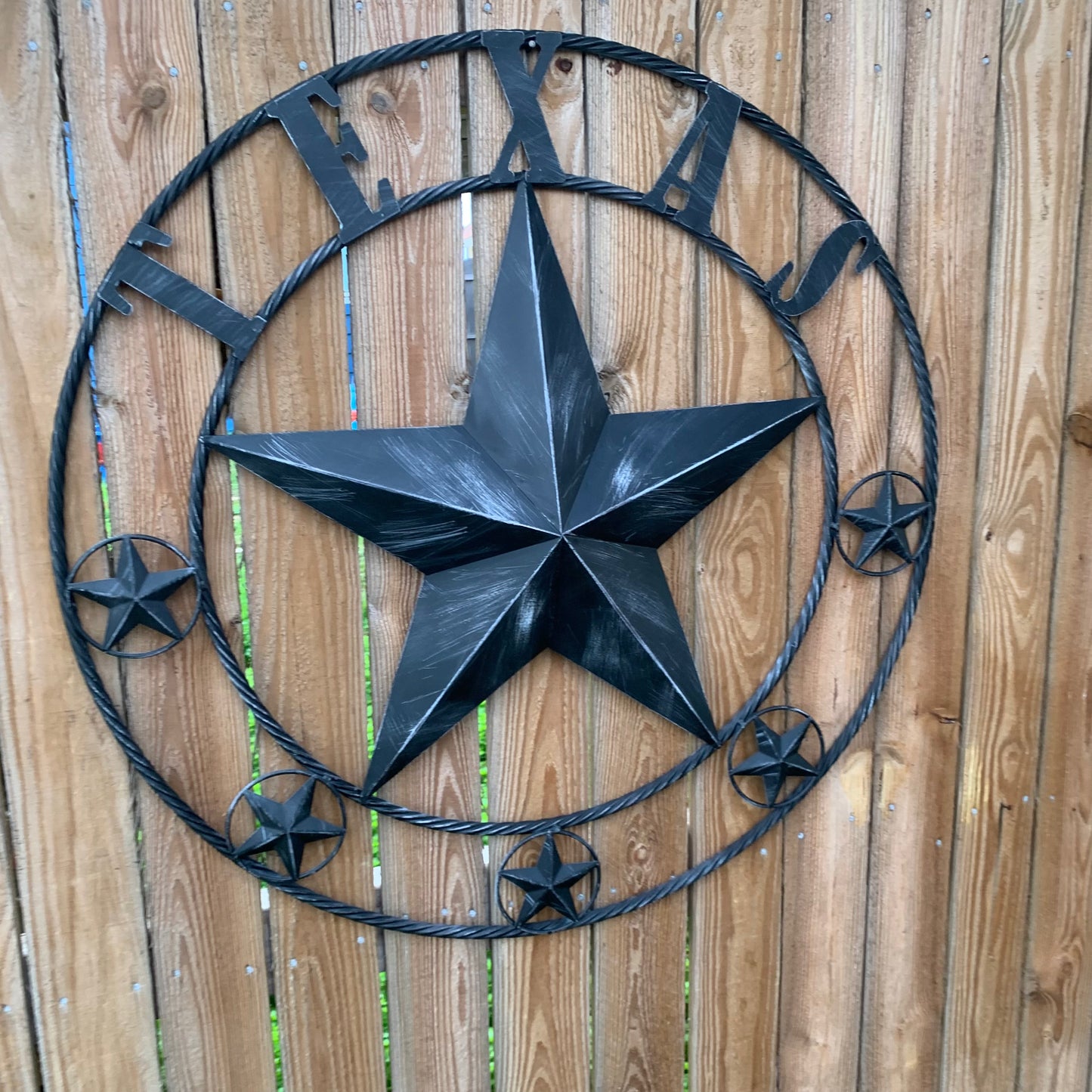 TEXAS BLACK DISTRESSED STAR TWO TONE TEXTURE BARN STAR METAL LONESTAR TWISTED ROPE RING WESTERN HOME DECOR HANDMADE NEW