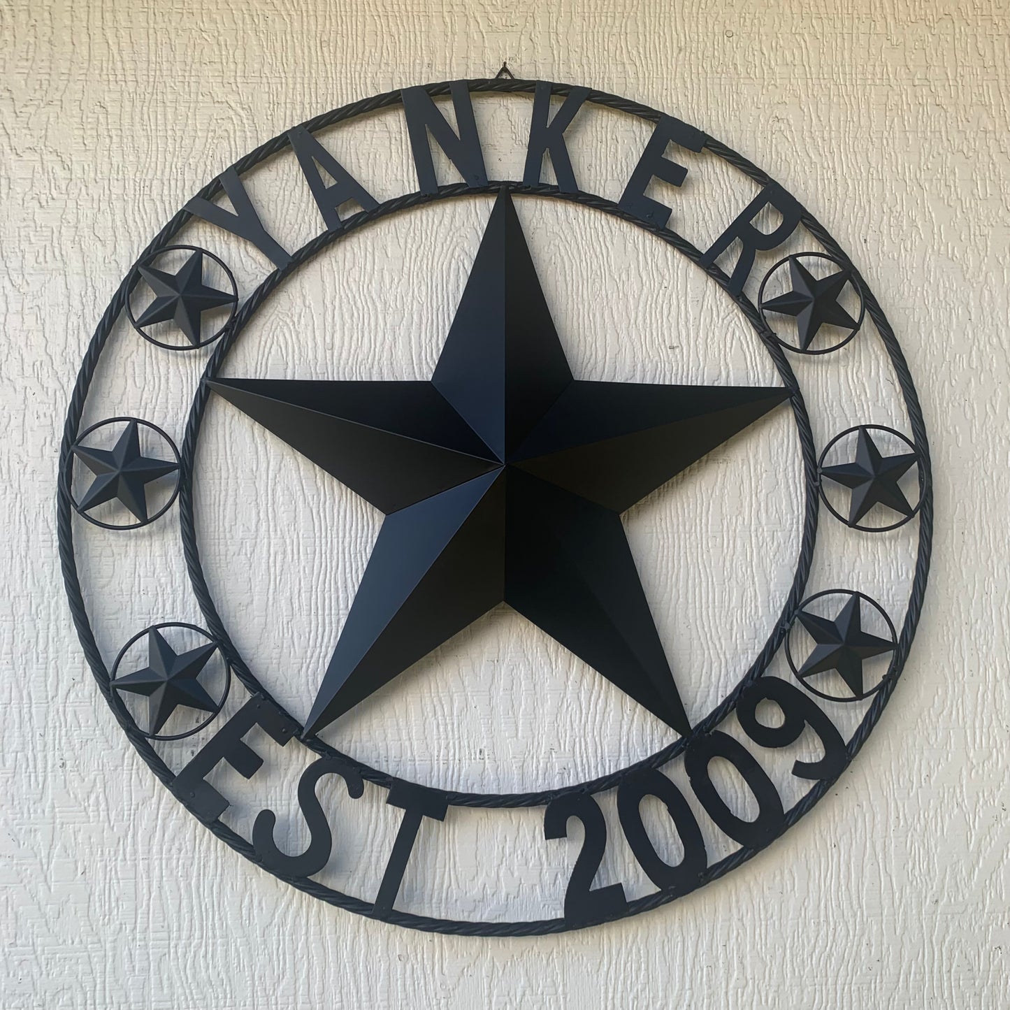 YANKER STYLE CUSTOM NAME STAR BARN METAL STAR 3d TWISTED ROPE RING WESTERN HOME DECOR RUSTIC BLACK HANDMADE 24",32",36",50"