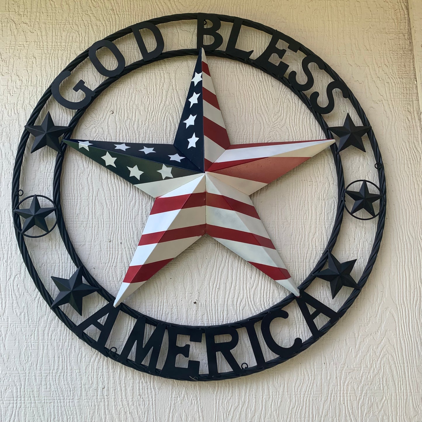 GOD BLESS AMERICA USA FLAG 3d STAR METAL BARN STAR BLACK TWISTED ROPE RING WALL ART WESTERN HOME DECOR RED WHITE & BLUE HANDMADE NEW #EH10490