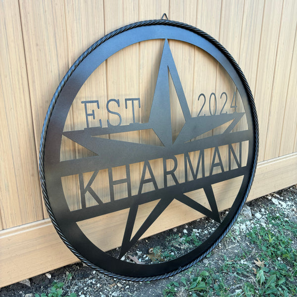 30" KHARMAN CUSTOM NAME SIGN LASERCUT CUSTOM METAL VINTAGE CRAFT SIGN WITH TWISTED ROPE RING WESTERN HOME DECOR HANDMADE NEW