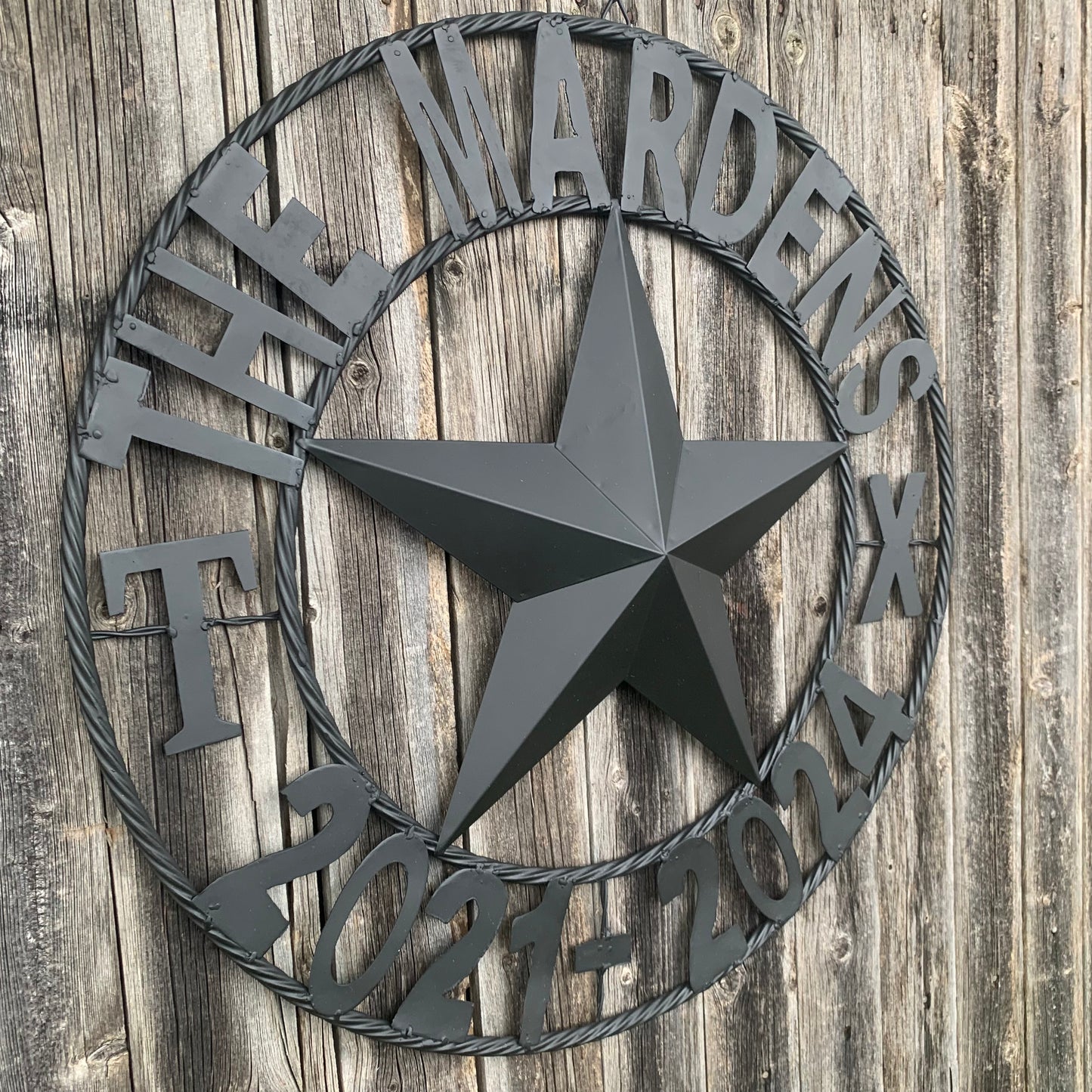 MARDENS STYLE CUSTOM NAME STAR BARN METAL STAR 3d TWISTED ROPE RING WESTERN HOME DECOR RUSTIC BLACK HANDMADE 24",32",36",50"