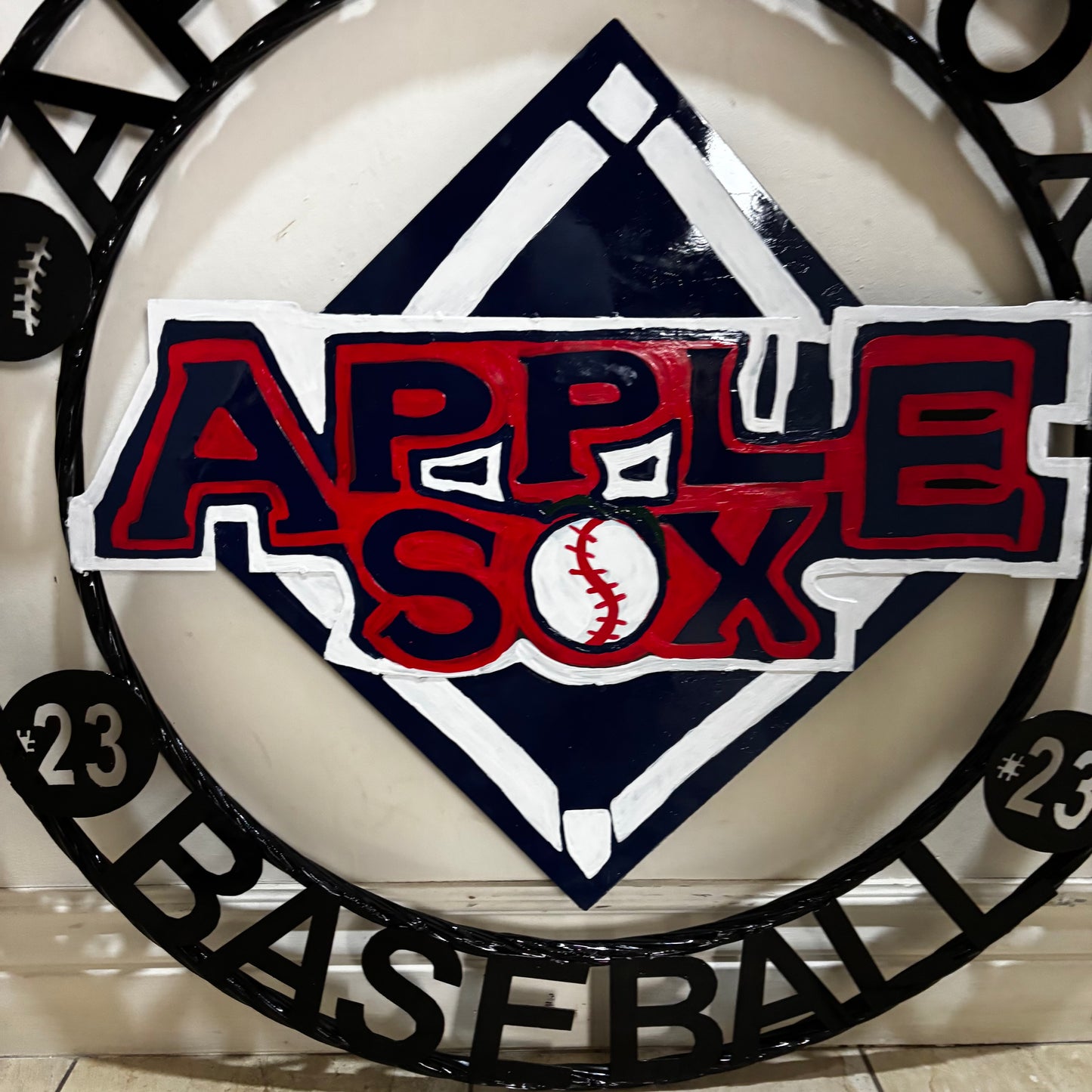 APPLE SOX BASEBALL CUSTOM METAL VINTAGE CRAFT SIGN TEAM NAVY BLUE WHITE RED HANDMADE