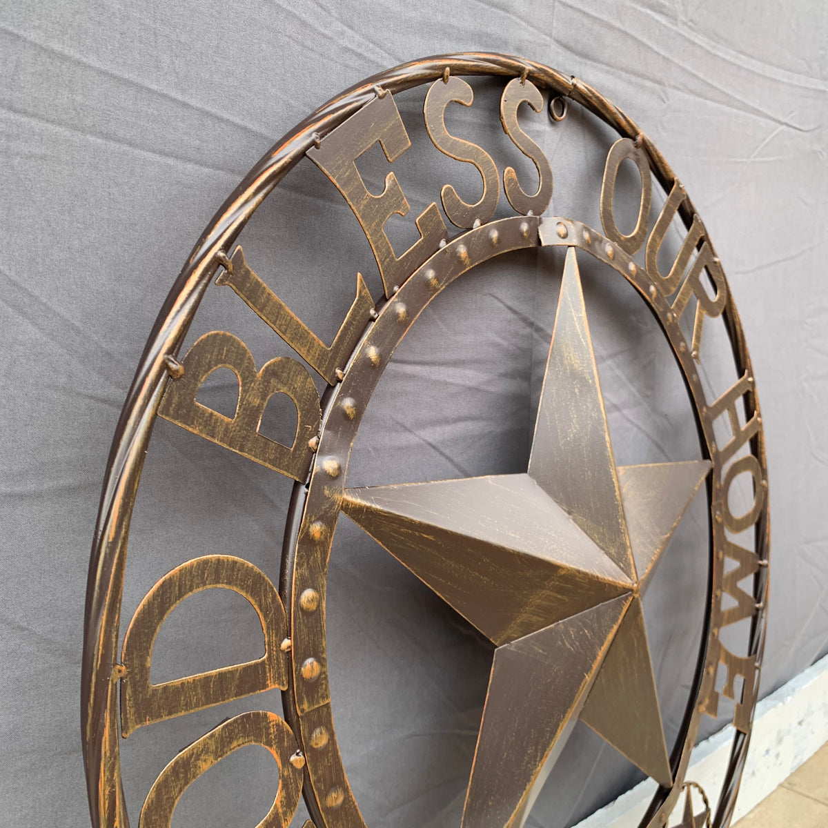 24" GOD BLESS OUR HOME BEADED STAR COLIBROX METAL TWISTED ROPE RING LONE STAR WALL ART WESTERN HOME DECOR RUSTIC DARK BRONZE COPPER HANDMADE NEW
