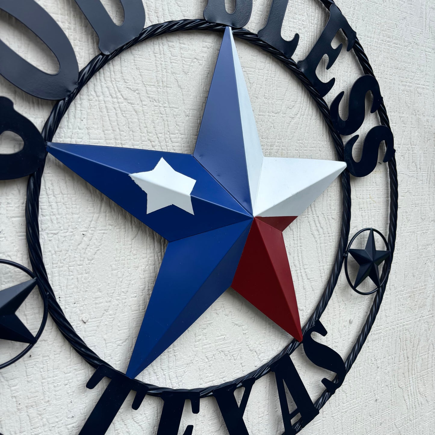 GOD BLESS TEXAS BARN STAR RED WHITE BLUE STAR WITH NAVY BLUE RING LONE STAR TWISTED ROPE RING WESTERN HOME DECOR HANDMADE