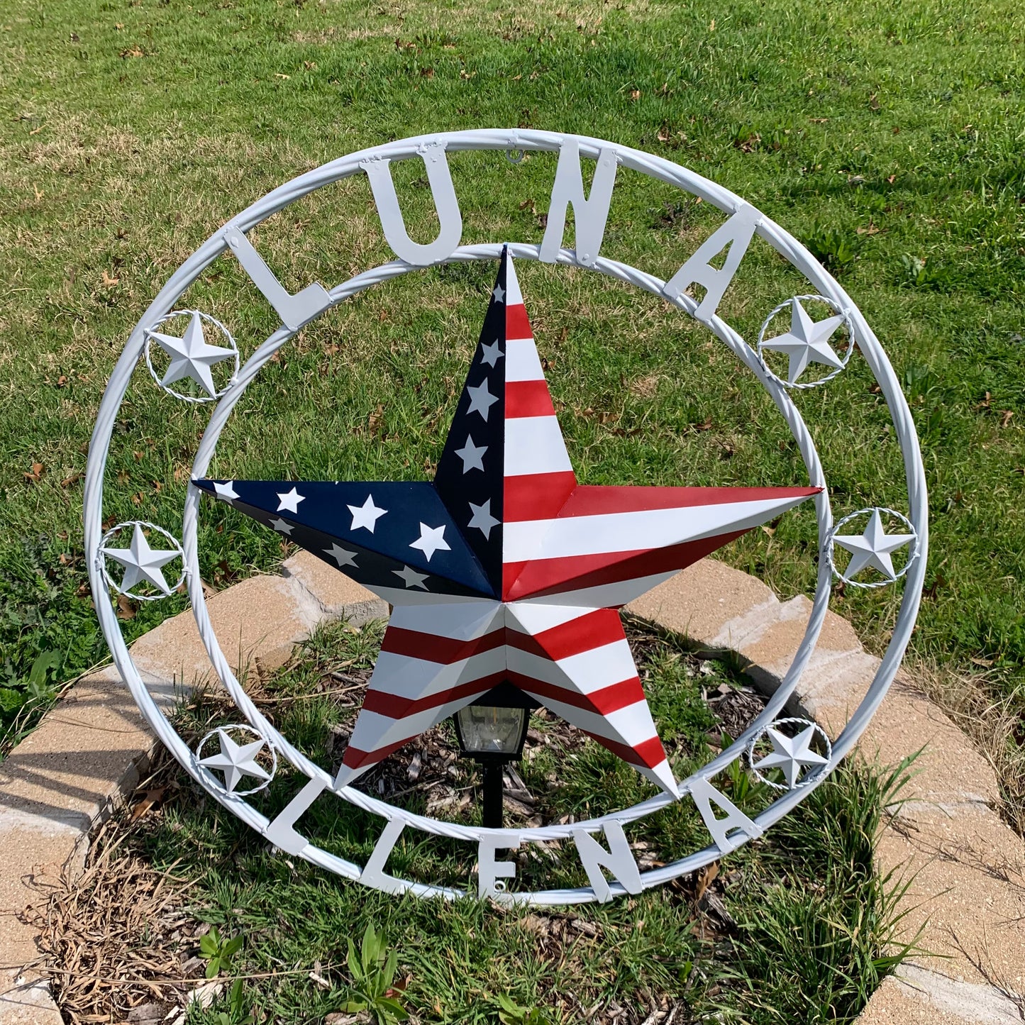 LUNA STYLE CUSTOM NAME BARN STAR METAL STAR 3d TWISTED ROPE RING WESTERN HOME DECOR USA FLAG STAR RED WHOTE & BLUE WITH WHITE RING HANDMADE 24",32",36",50"