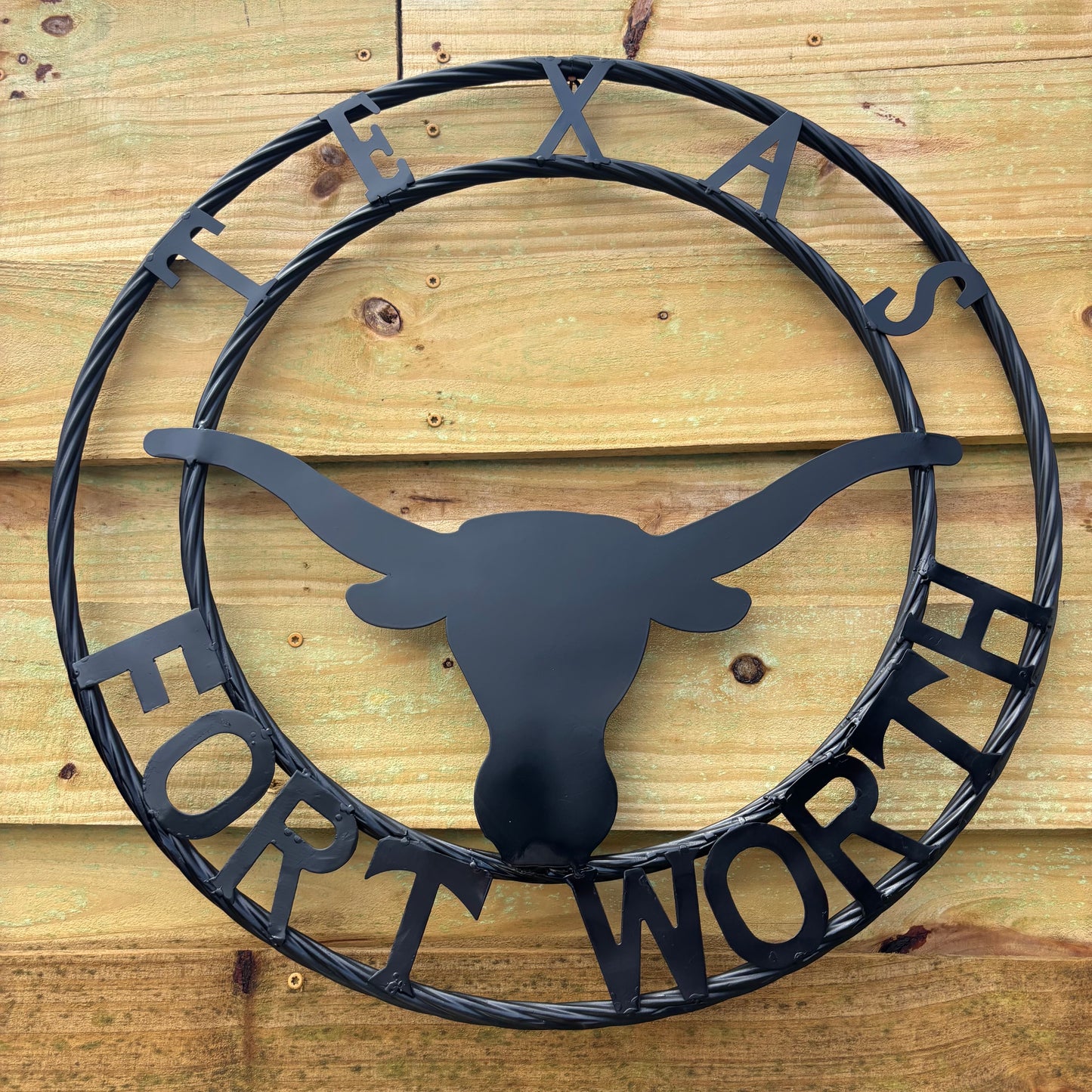 TEXAS FORT WORTH METAL SIGN LONGHORNS BLACK WESTERN HOME DECOR HANDMADE