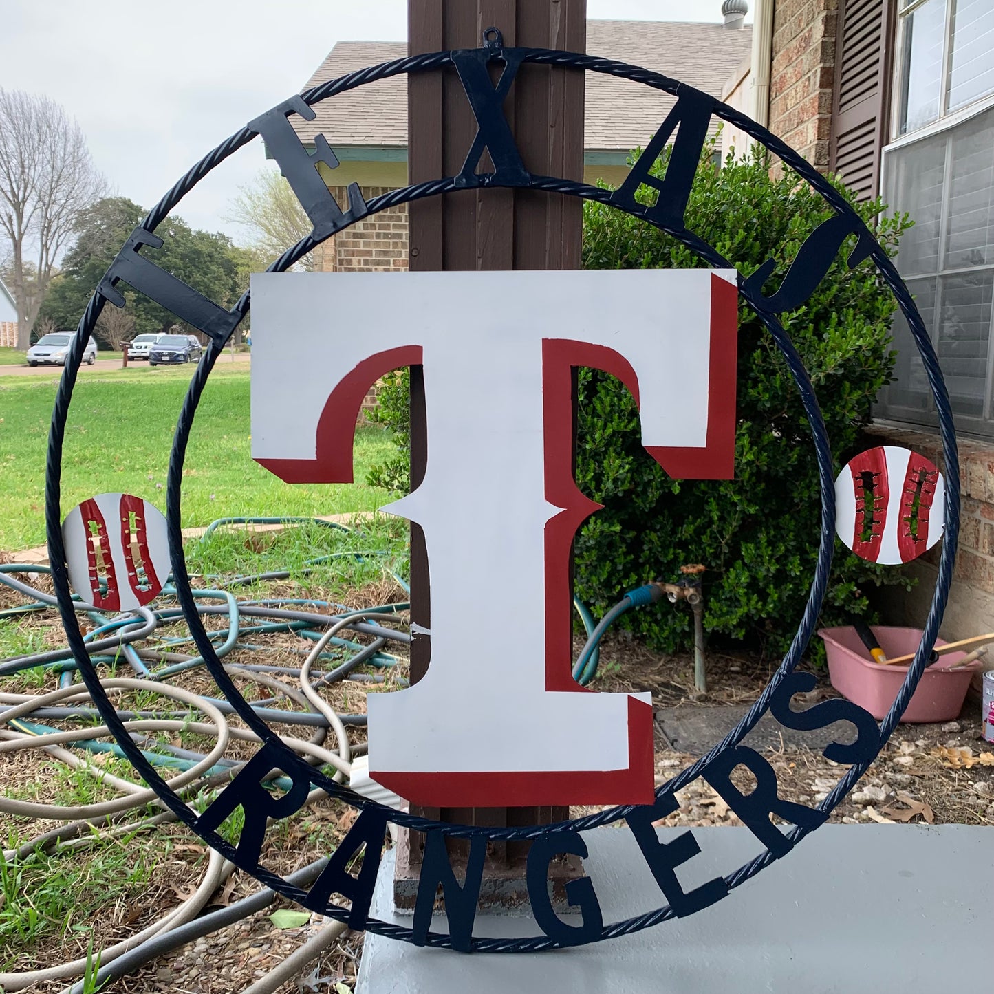 TEXAS RANGERS CUSTOM METAL VINTAGE CRAFT TEAM SIGN WHITE & RED & NAVY BLUE RING HANDMADE