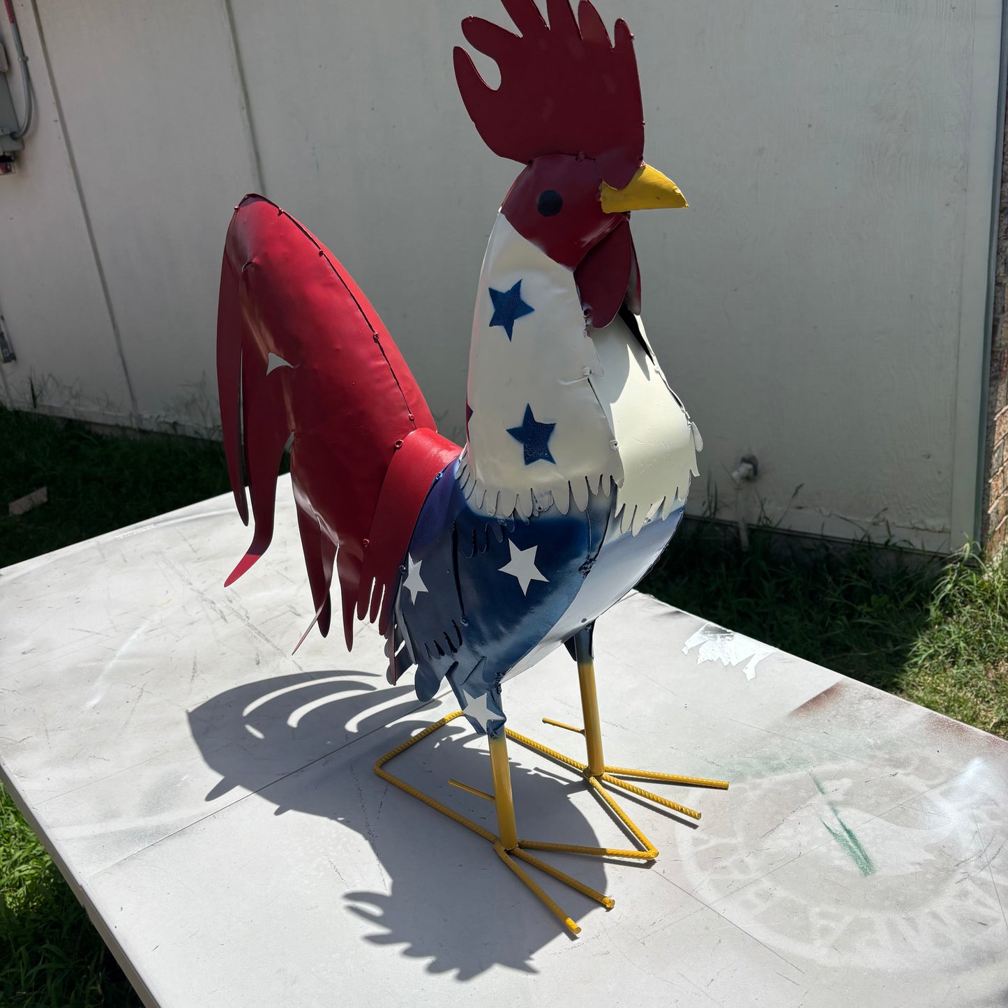 USA FLAG ROOSTER AMERICAN RED WHITE BLUE PATRIOTIC GARDEN METAL SCULPTURE WESTERN HOME DECOR ORNAMENT HANDMADE #34-003