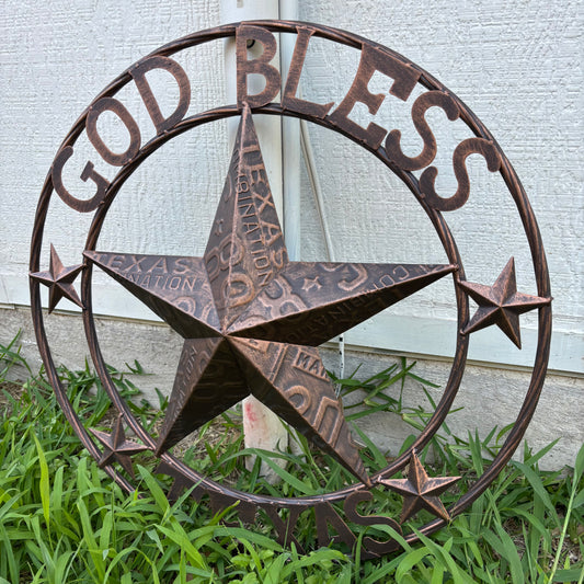 GOD BLESS TEXAS LICENSE PLATE EMBOSSED STAR BARN STAR METAL LONE STAR WESTERN HOME DECOR HANDMADE