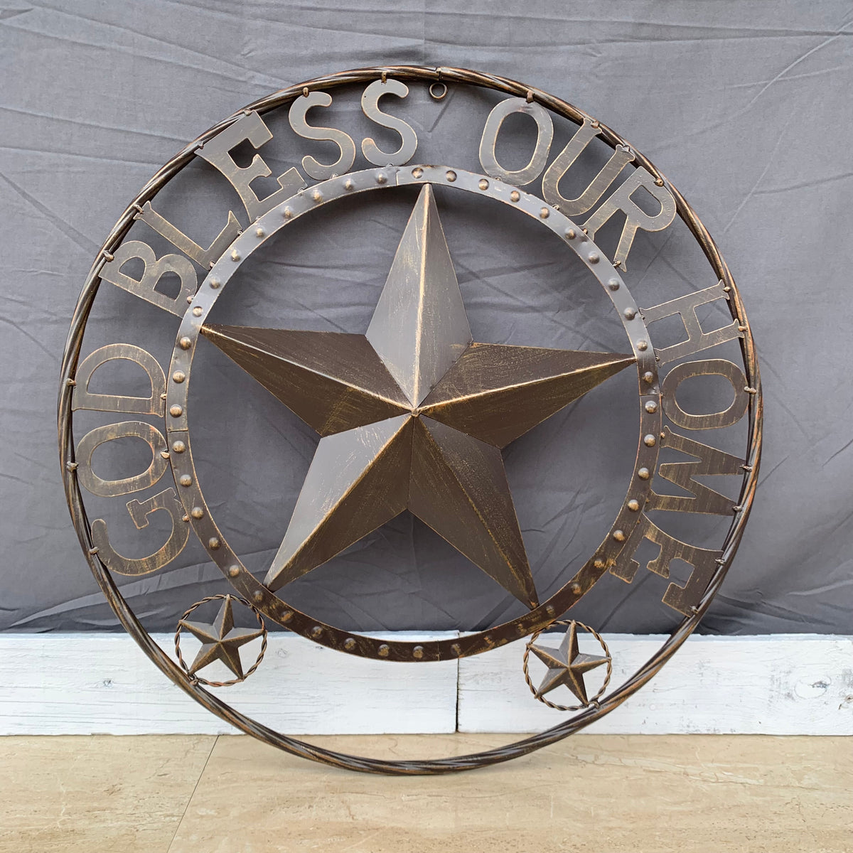 24" GOD BLESS OUR HOME BEADED STAR COLIBROX METAL TWISTED ROPE RING LONE STAR WALL ART WESTERN HOME DECOR RUSTIC DARK BRONZE COPPER HANDMADE NEW