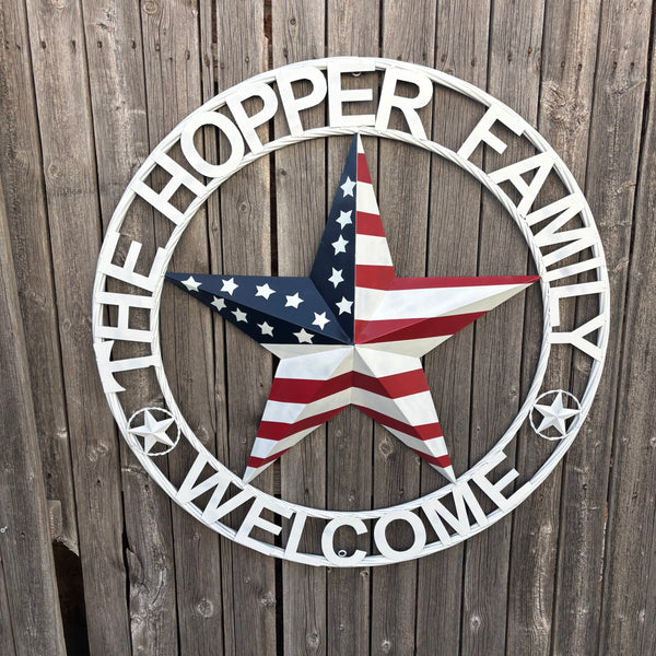 HOPPER STYLE YOUR CUSTOM NAME STAR METAL BARN 3d RED WHITE BLUE USA FLAG WITH WHITE TWIST ROPE RING WESTERN HOME DECOR HANDMADE, 24",36",40"