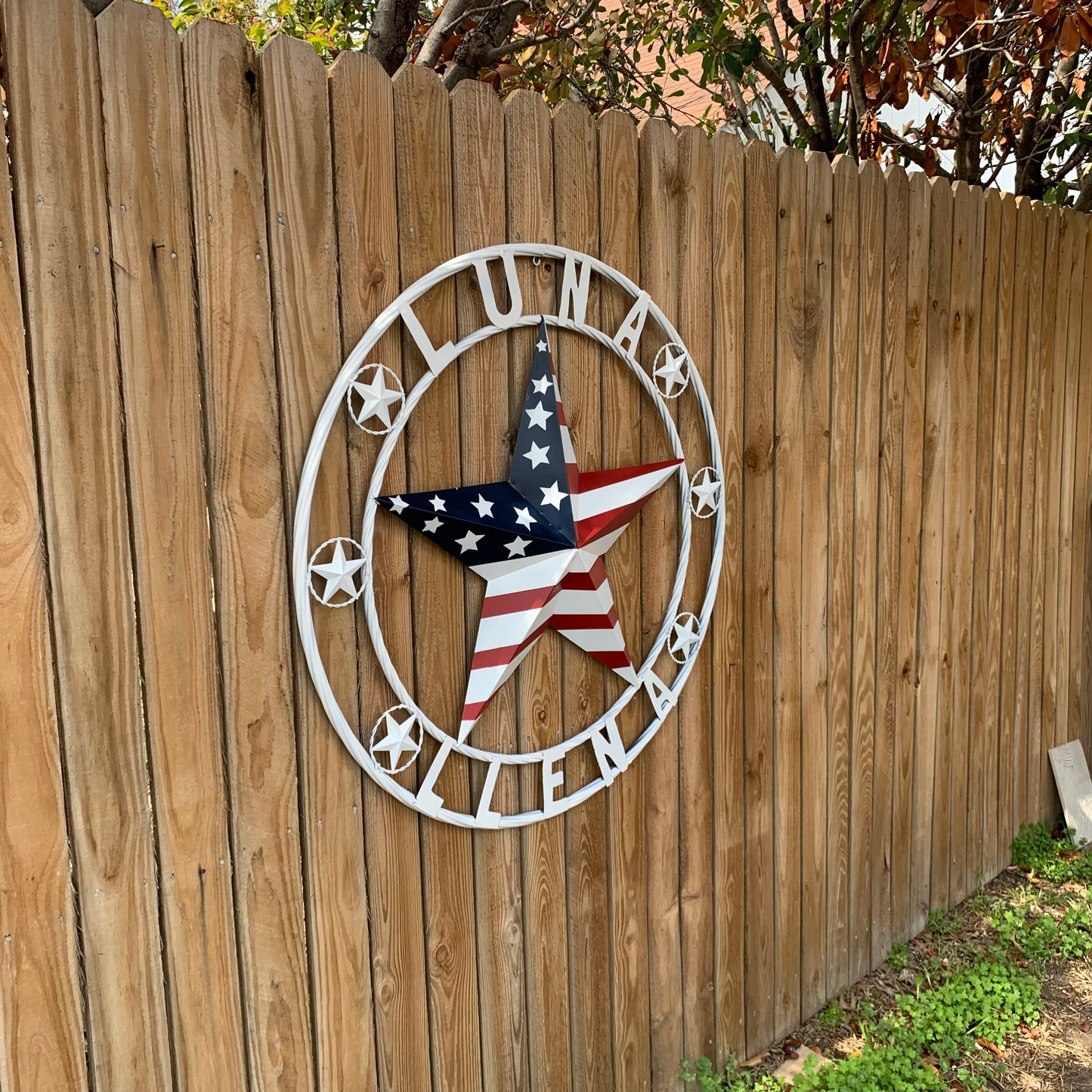 LUNA STYLE CUSTOM NAME BARN STAR METAL STAR 3d TWISTED ROPE RING WESTERN HOME DECOR USA FLAG STAR RED WHOTE & BLUE WITH WHITE RING HANDMADE 24",32",36",50"