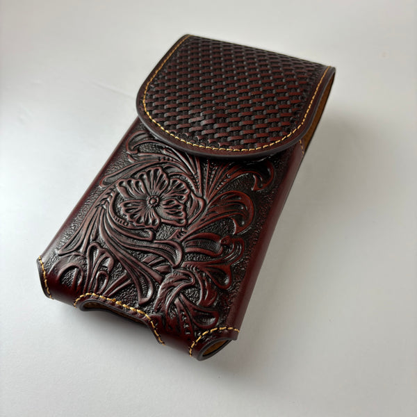 7" PLAIN FLORAL LEATHER HOLSTER BROWN STAR POUCH EXTRA LARGE  BELT LOOP CELL PHONE CASE UNIVERSAL OVERSIZE