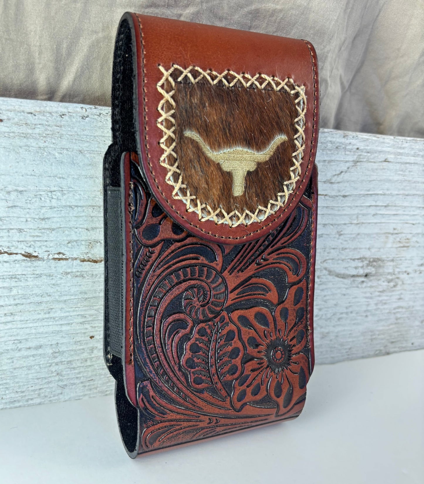 7" LONGHORNS LEATHER HOLSTER BROWN POUCH EXTRA LARGE  BELT LOOP CELL PHONE CASE UNIVERSAL OVERSIZE #EH13321