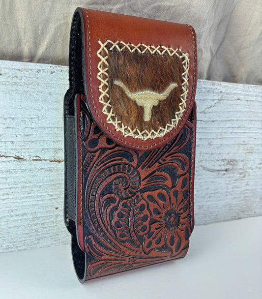 7" LONGHORNS LEATHER HOLSTER BROWN POUCH EXTRA LARGE  BELT LOOP CELL PHONE CASE UNIVERSAL OVERSIZE #EH13321