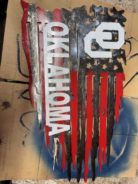 OU OKLAHOMA SOONERS METAL TATTERED FLAG CUSTOM VINTAGE CRAFT WALL ART