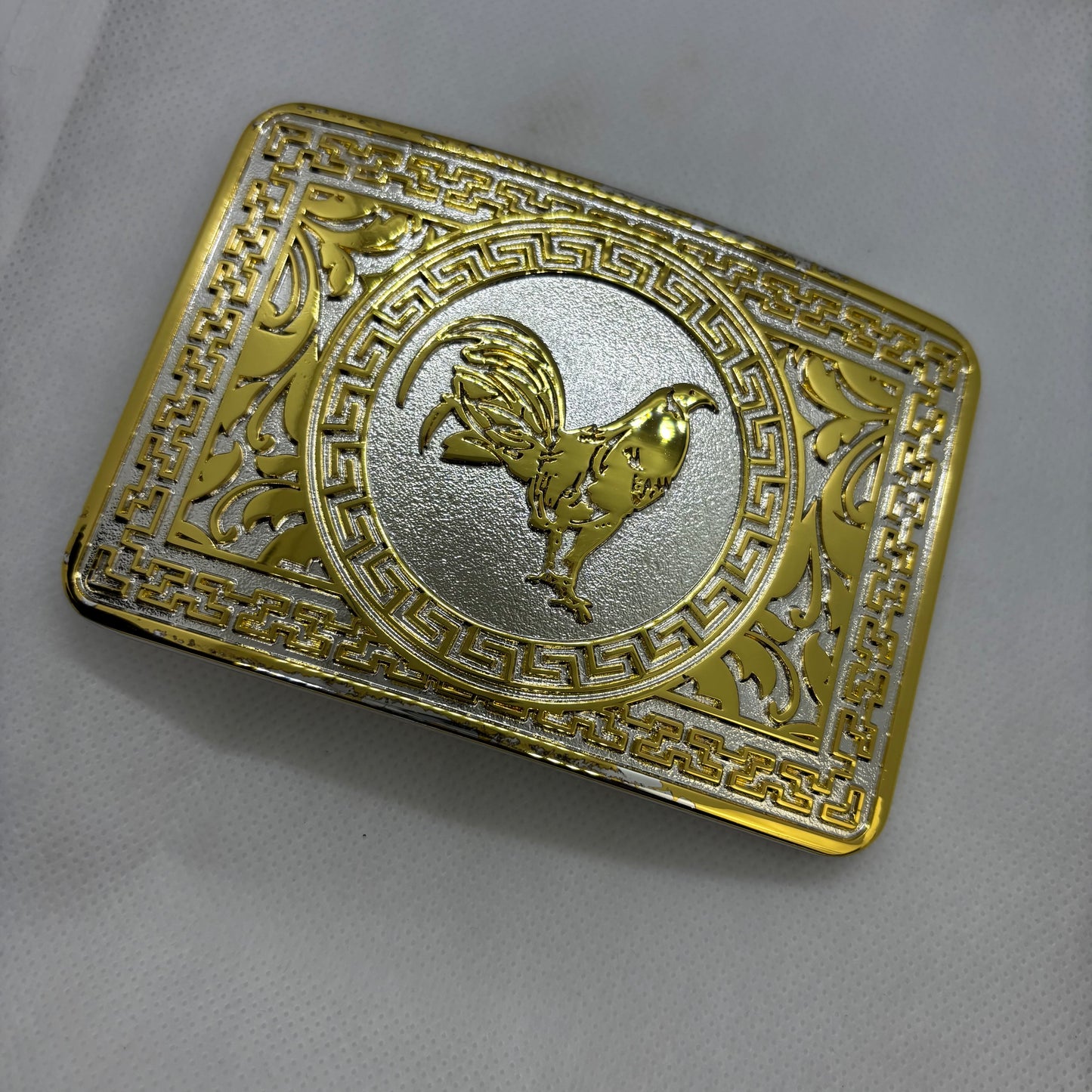 ROOSTER BELT BUCKLE GOLD WHITE WESTERN METAL BUCKLE FASHION ART 4.5" X 3.5"  #EH13237
