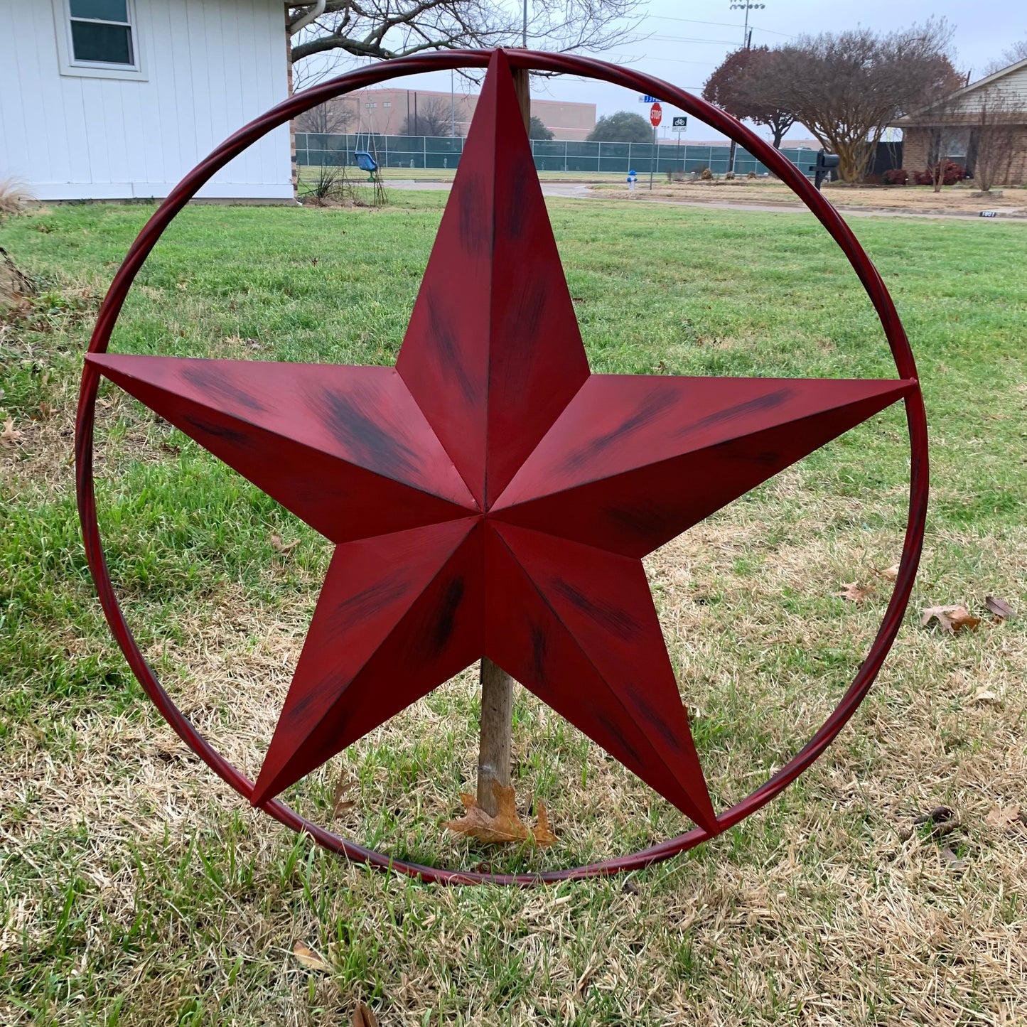 RED DISTRESSED STAR TWO TONE TEXTURE BARN STAR METAL LONESTAR TWISTED ROPE RING WESTERN HOME DECOR HANDMADE NEW #EH12958