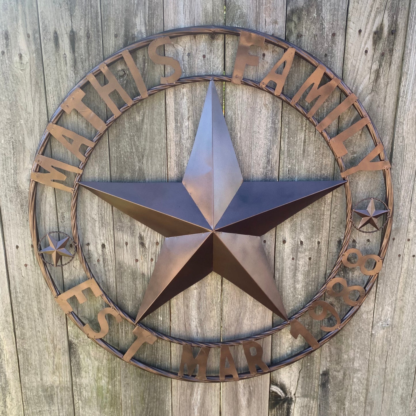 MATHIS STYLE CUSTOM NAME STAR BARN STAR 3d METAL LONESTAR TWISTED ROPE RING WESTERN HOME DECOR RUSTIC BRONZE COPPER HANDMADE 24",32",36",50"