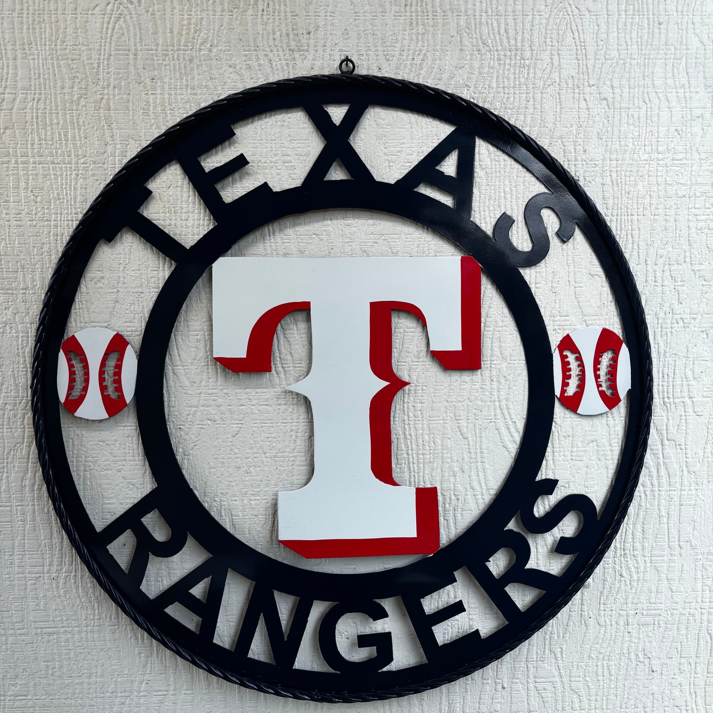 TEXAS RANGERS CUSTOM METAL VINTAGE CRAFT TEAM SIGN WHITE & RED & NAVY BLUE RING HANDMADE