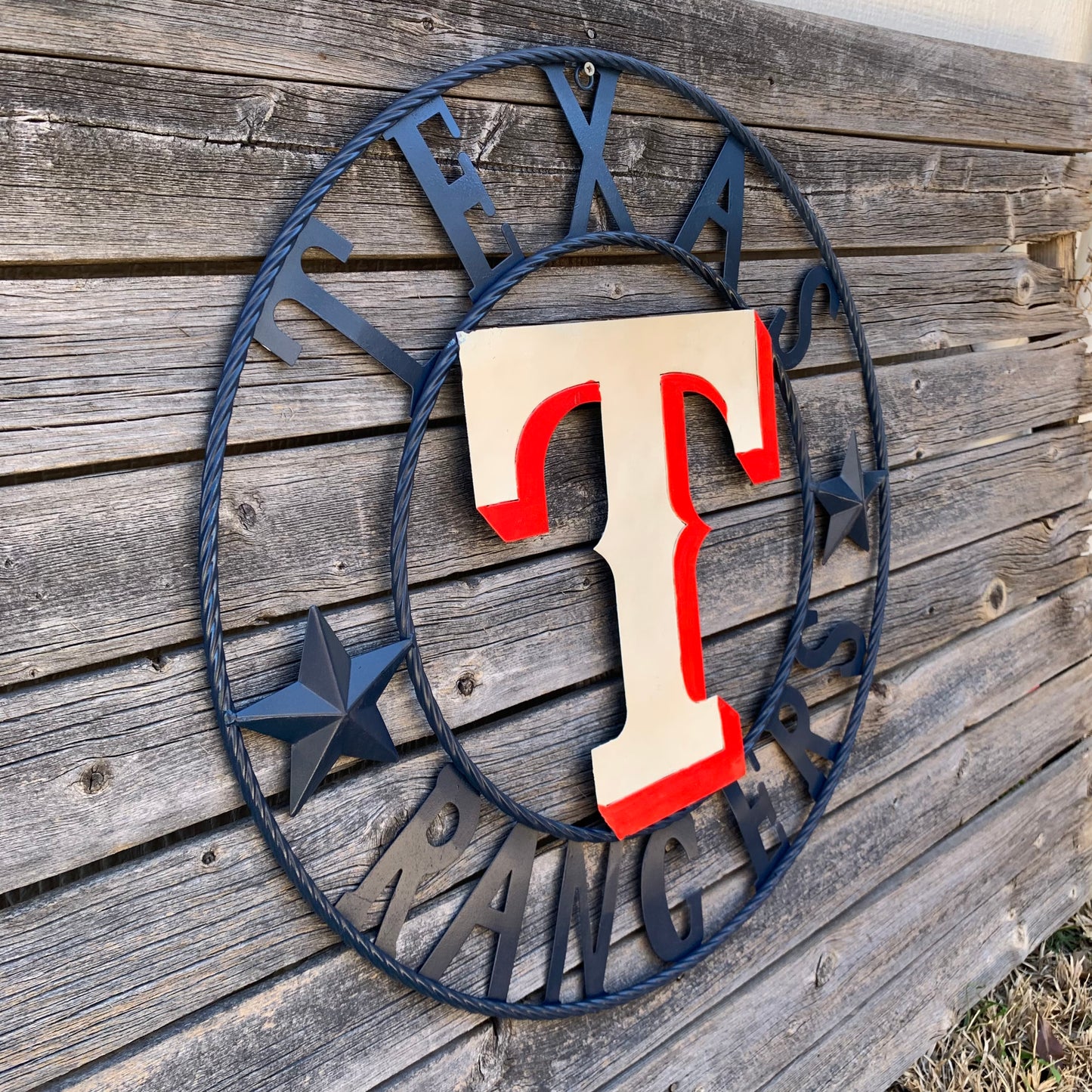 12", 18", 24", 32" TEXAS RANGERS BARN CUSTOM METAL VINTAGE CRAFT SIGN TEAM  WHITE & RED & NAVY BLUE RING & STAR HANDMADE
