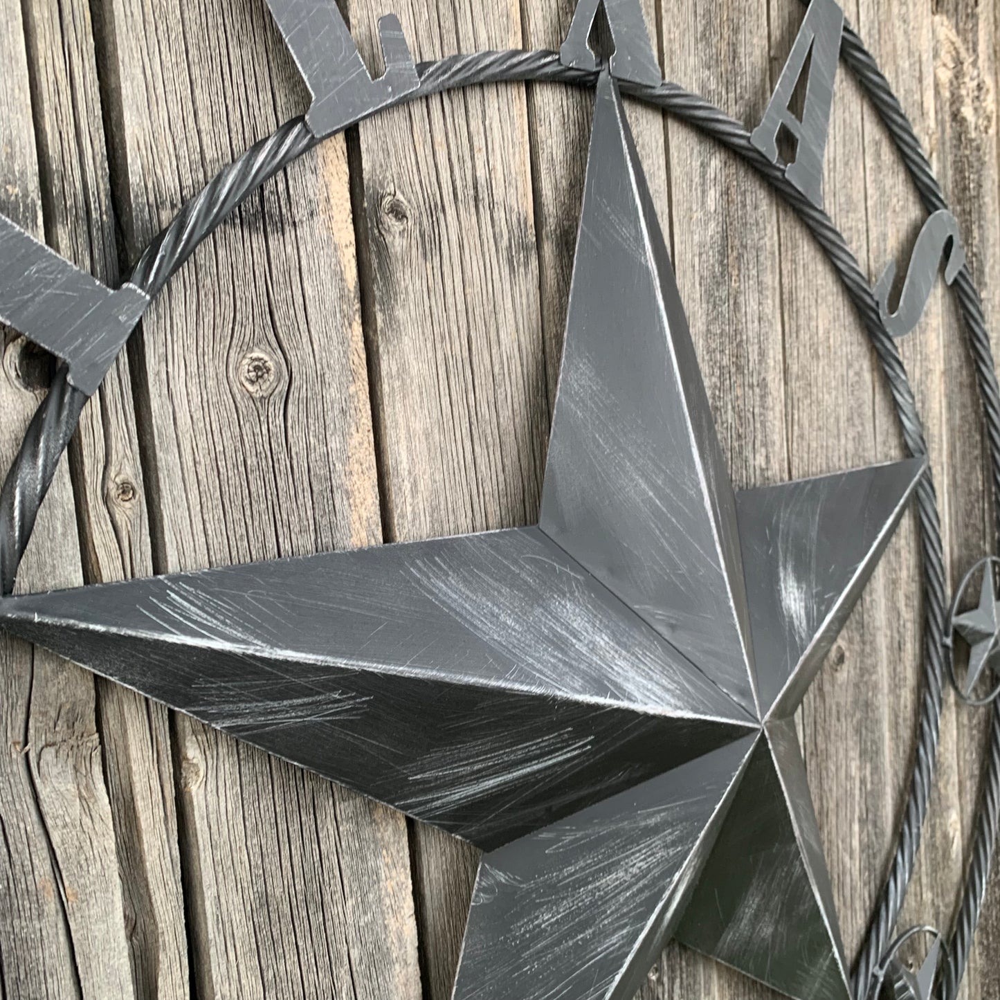 TEXAS BLACK DISTRESSED STAR TWO TONE TEXTURE BARN STAR METAL LONESTAR TWISTED ROPE RING WESTERN HOME DECOR HANDMADE NEW