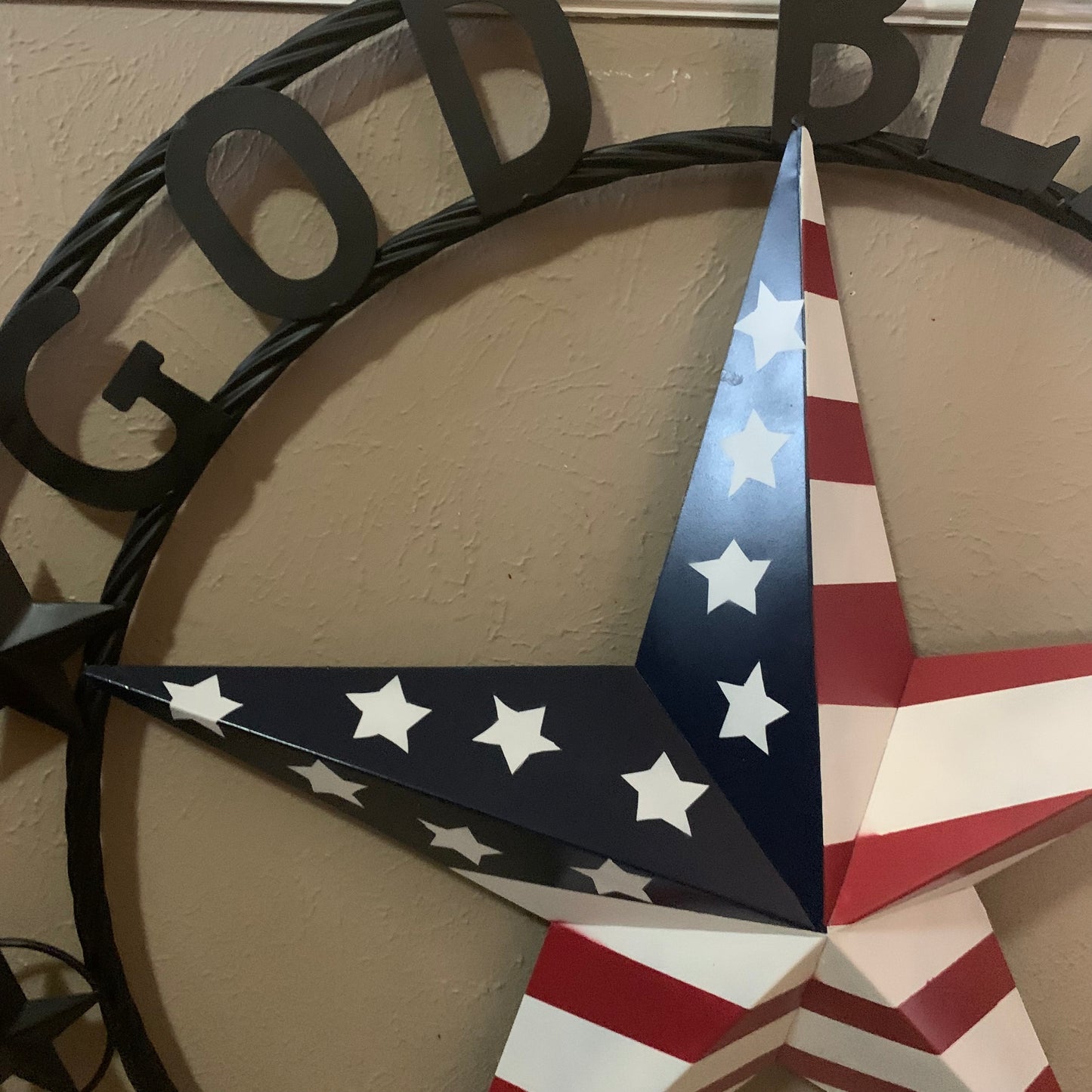 GOD BLESS AMERICA USA FLAG 3d STAR METAL BARN STAR BLACK TWISTED ROPE RING WALL ART WESTERN HOME DECOR RED WHITE & BLUE HANDMADE NEW #EH10490