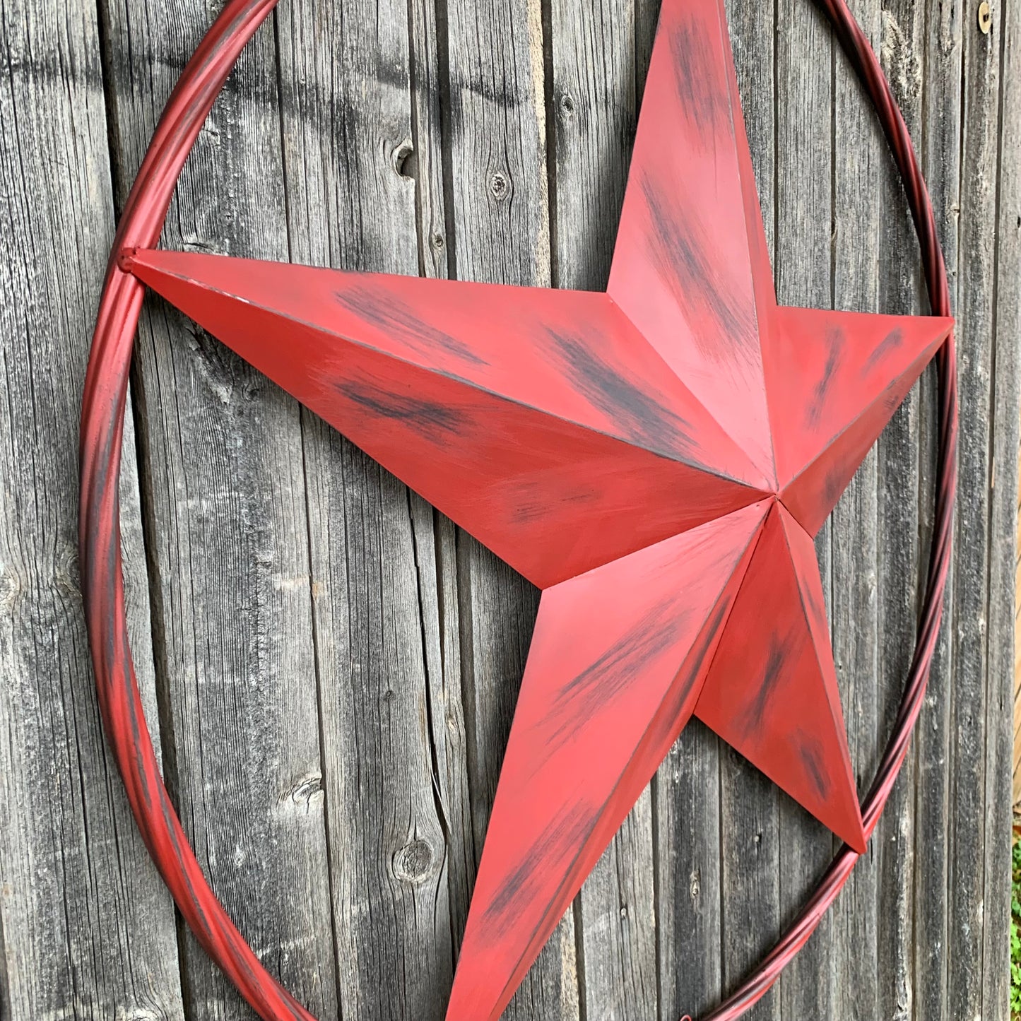 RED DISTRESSED STAR TWO TONE TEXTURE BARN STAR METAL LONESTAR TWISTED ROPE RING WESTERN HOME DECOR HANDMADE NEW #EH12958