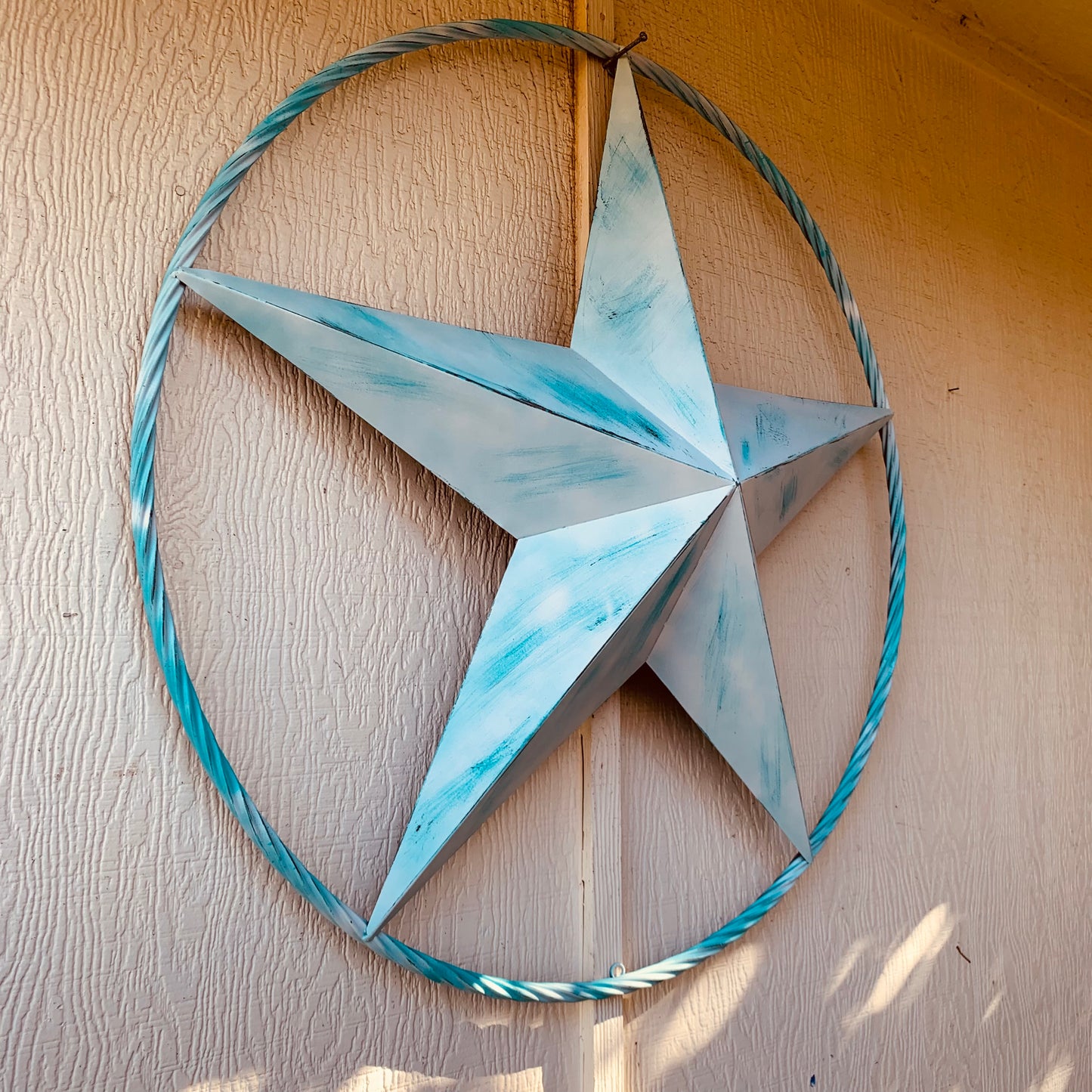 #EH11219 TURQUOISE WHITE DISTRESSED STAR TWO TONE TEXTURE BARN STAR METAL LONESTAR TWISTED ROPE RING WESTERN HOME DECOR HANDMADE NEW