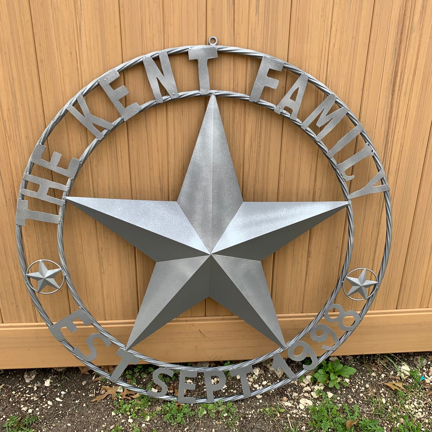 KENT STYLE CUSTOM STAR NAME BARN METAL STAR 3d TWISTED ROPE RING WESTERN HOME DECOR RUSTIC GREY SILVER HANDMADE 24",32",36",50"