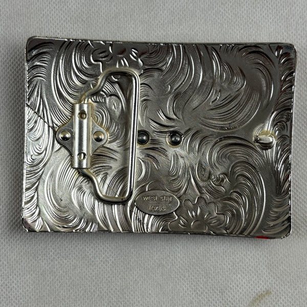 HORSE BELT BUCKLE GOLD SILVER & RED OUTLINE WESTERN METAL BUCKLE FASHION ART 4.5" X 3.5"  #EH12265