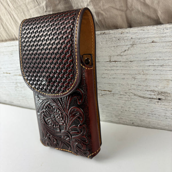 7" PLAIN FLORAL LEATHER HOLSTER BROWN STAR POUCH EXTRA LARGE  BELT LOOP CELL PHONE CASE UNIVERSAL OVERSIZE