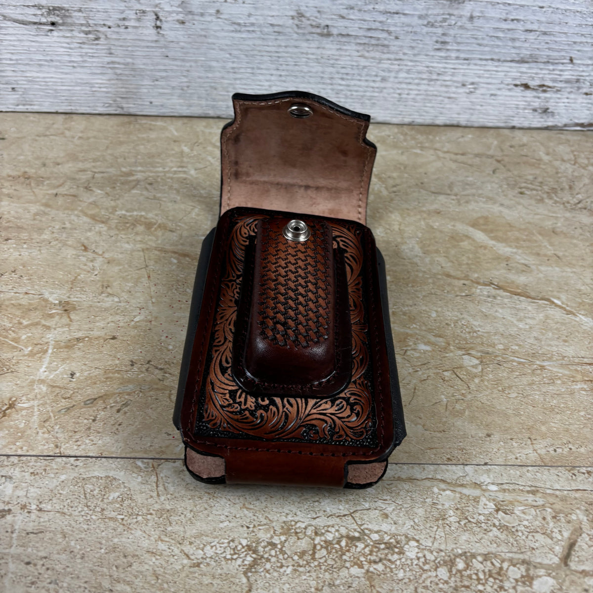 LONGHORN LEATHER HOLSTER 7" PHONE POUCH WITH KNIFE HOLDER FRONT EXTRA LARGE  BELT LOOP CELL PHONE CASE UNIVERSAL OVERSIZE MEXICO MADE #EH13806