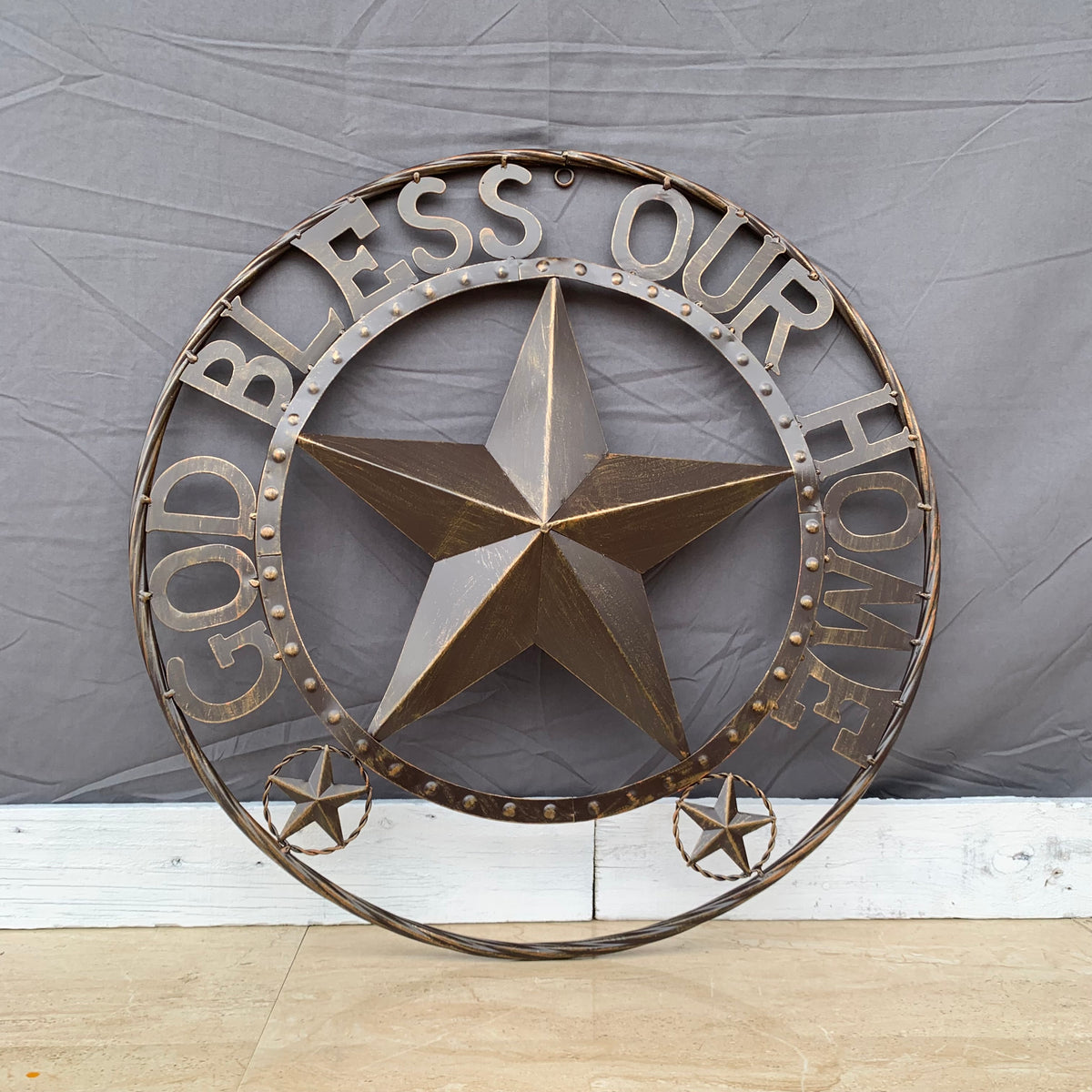 24" GOD BLESS OUR HOME BEADED STAR COLIBROX METAL TWISTED ROPE RING LONE STAR WALL ART WESTERN HOME DECOR RUSTIC DARK BRONZE COPPER HANDMADE NEW