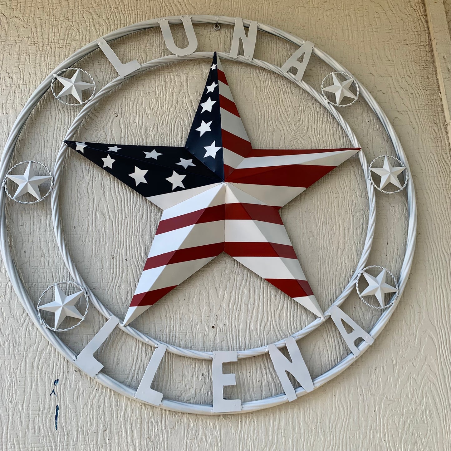 LUNA STYLE CUSTOM NAME BARN STAR METAL STAR 3d TWISTED ROPE RING WESTERN HOME DECOR USA FLAG STAR RED WHOTE & BLUE WITH WHITE RING HANDMADE 24",32",36",50"