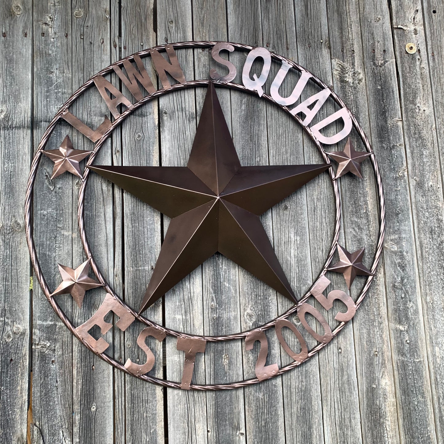 LAWN SQUAD STYLE CUSTOM BARN STAR NAME YOUR CUSTOM NAME STAR METAL NAME BARN STAR WITH TWISTED ROPE RING DESIGN METAL WALL 3d STAR ART WESTERN HOME DECOR RUSTIC BRONZE NEW