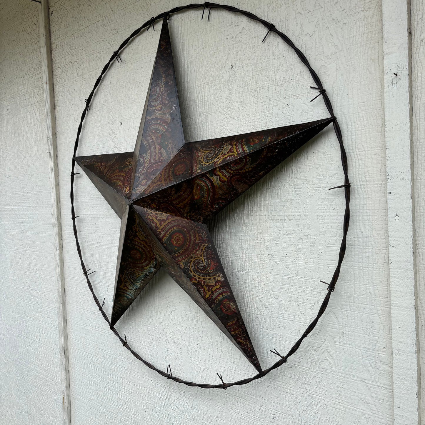 PAISLEY BARN STAR MULTI CLOR WITH BARBWIRE RING LONESTAR WESTERN HOME DECOR HANDMADE