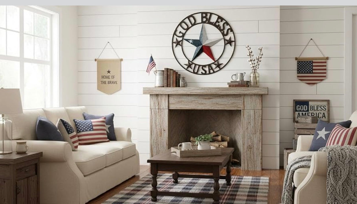 GOD BLESS USA LICENSE PLATE 3d STAR RED WHITE BLUE  WITH BRONZE RING METAL BARN STAR TWISTED ROPE RING WALL ART WESTERN HOME DECOR HANDMADE #EH