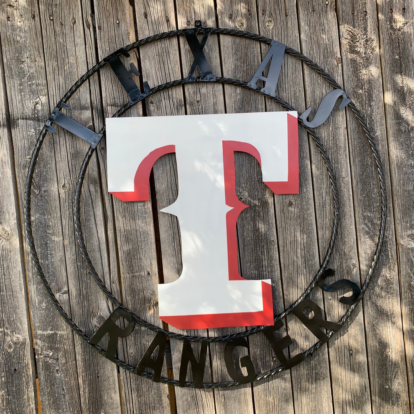 TEXAS RANGERS CUSTOM METAL VINTAGE CRAFT TEAM SIGN WHITE & RED WITH BLACK RING HANDMADE