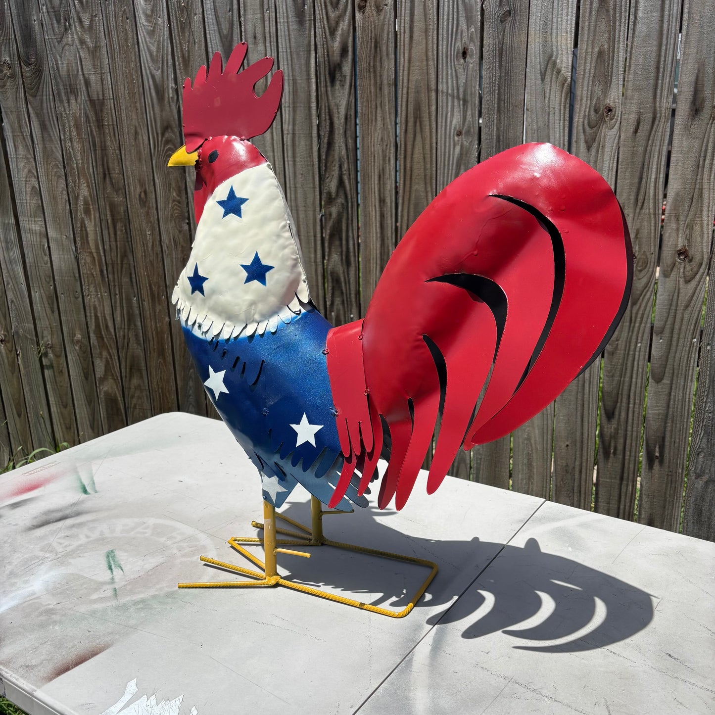 USA FLAG ROOSTER AMERICAN RED WHITE BLUE PATRIOTIC GARDEN METAL SCULPTURE WESTERN HOME DECOR ORNAMENT HANDMADE #34-003