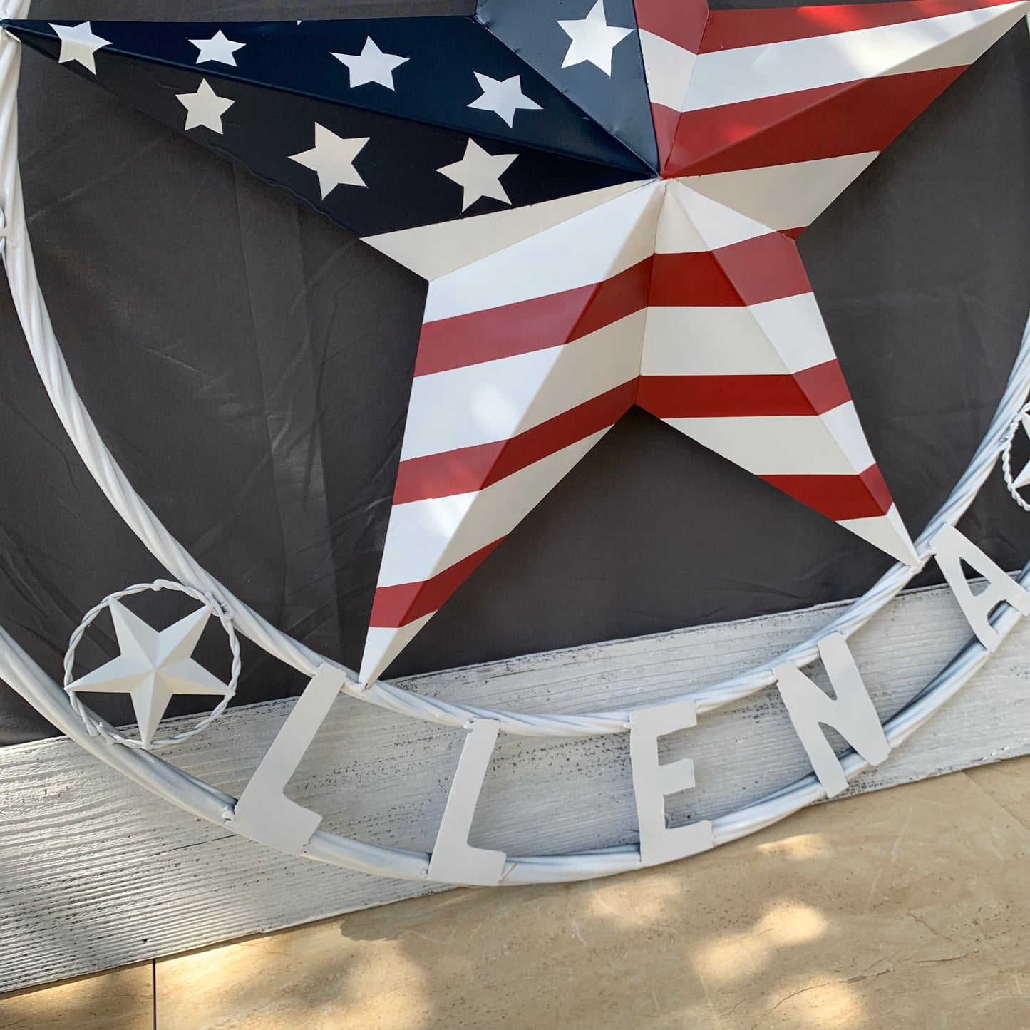 LUNA STYLE CUSTOM NAME BARN STAR METAL STAR 3d TWISTED ROPE RING WESTERN HOME DECOR USA FLAG STAR RED WHOTE & BLUE WITH WHITE RING HANDMADE 24",32",36",50"
