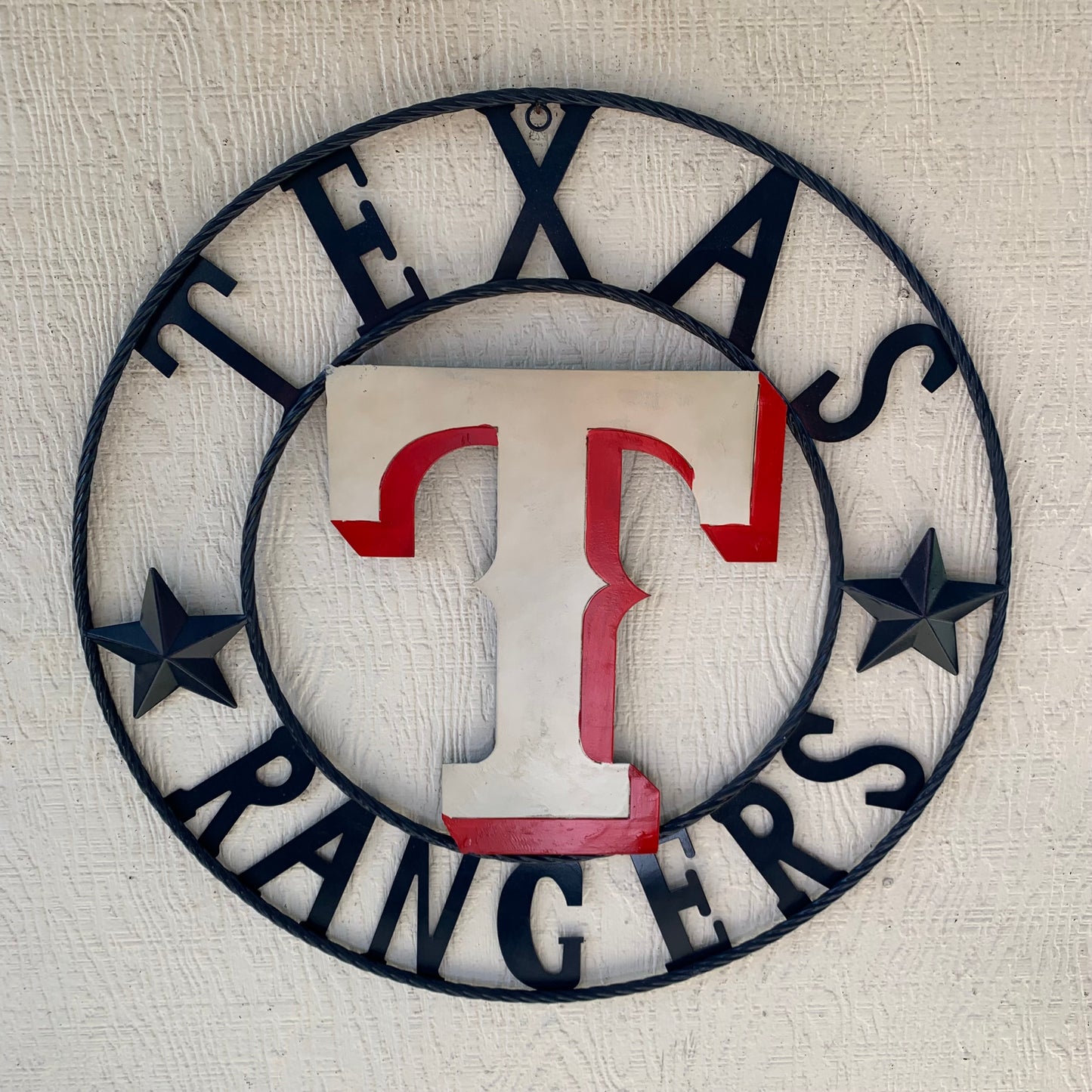 12", 18", 24", 32" TEXAS RANGERS BARN CUSTOM METAL VINTAGE CRAFT SIGN TEAM  WHITE & RED & NAVY BLUE RING & STAR HANDMADE