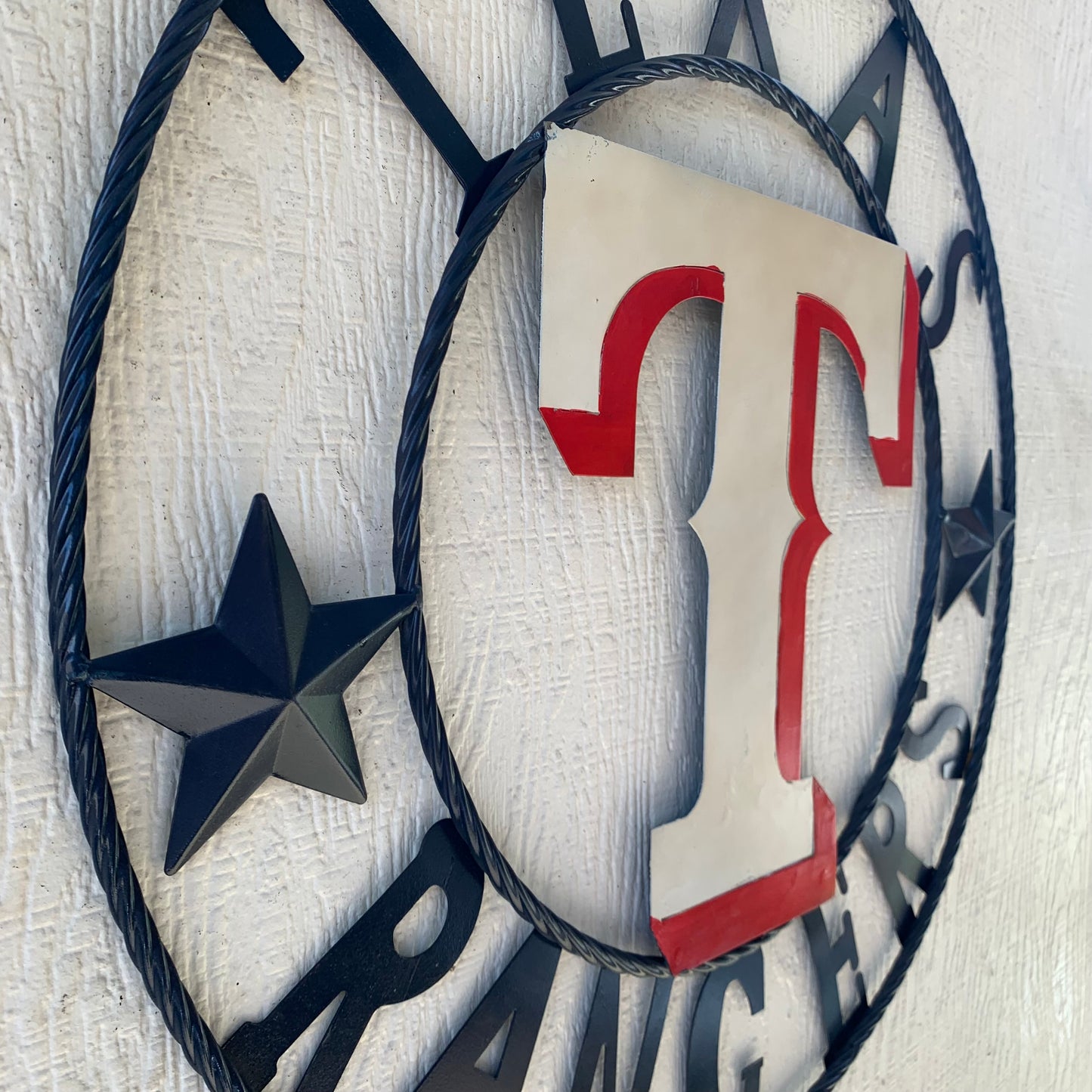 12", 18", 24", 32" TEXAS RANGERS BARN CUSTOM METAL VINTAGE CRAFT SIGN TEAM  WHITE & RED & NAVY BLUE RING & STAR HANDMADE