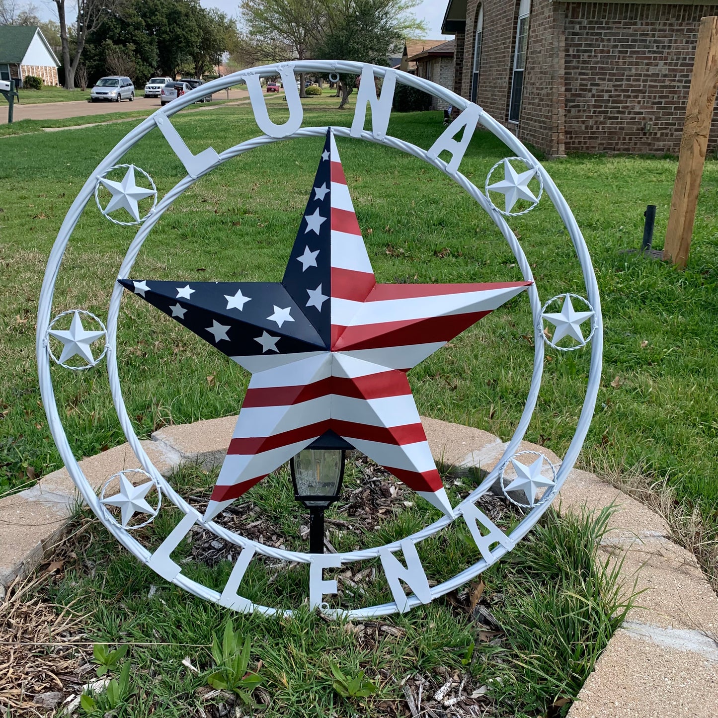 LUNA STYLE CUSTOM NAME BARN STAR METAL STAR 3d TWISTED ROPE RING WESTERN HOME DECOR USA FLAG STAR RED WHOTE & BLUE WITH WHITE RING HANDMADE 24",32",36",50"